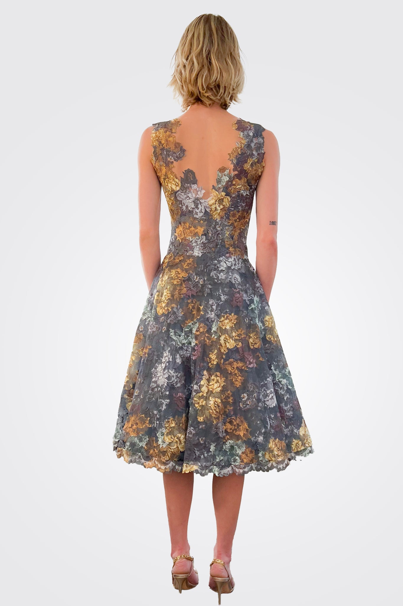 Elegant Floral Lace Tea-Length Dress for Women - Hazel Ash Color | Perfect for Garden Parties, Weddings & Special Occasions