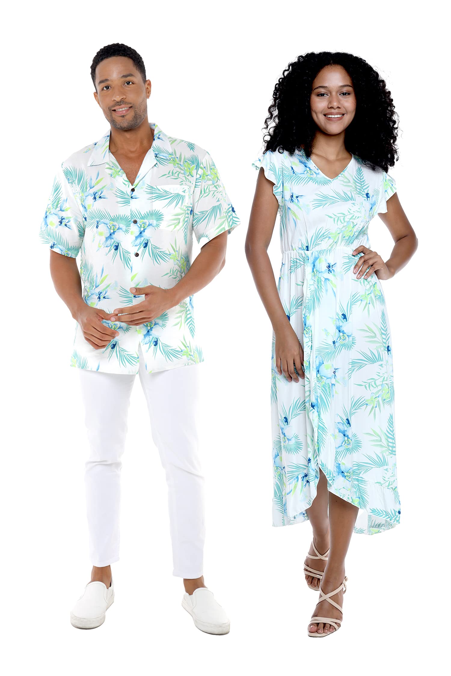 Hawaiian Couple Matching Luau Shirts & Ruffle Wrap Dresses - Orchid Breeze White Outfit for Beach Party, Vacation, and Summer Date Night
