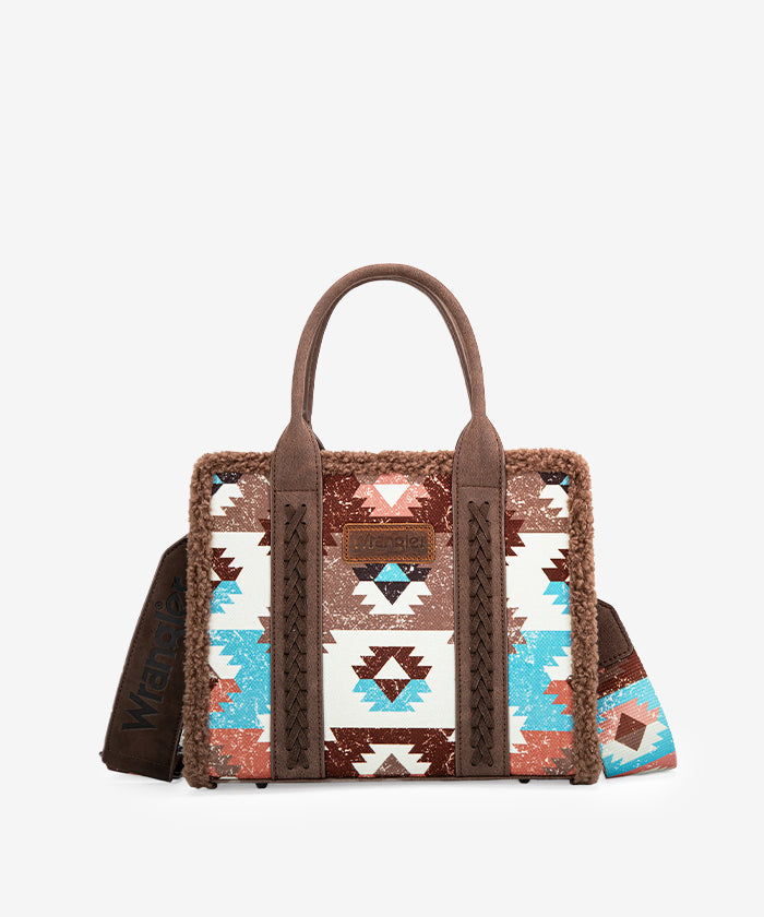 Wrangler Aztec Sherpa Trim Crossbody Purse Set for Women - Stylish Boho Shoulder Bag with Fringe Detail - Perfect for Casual Outings, Music Festivals & Travel Accessories