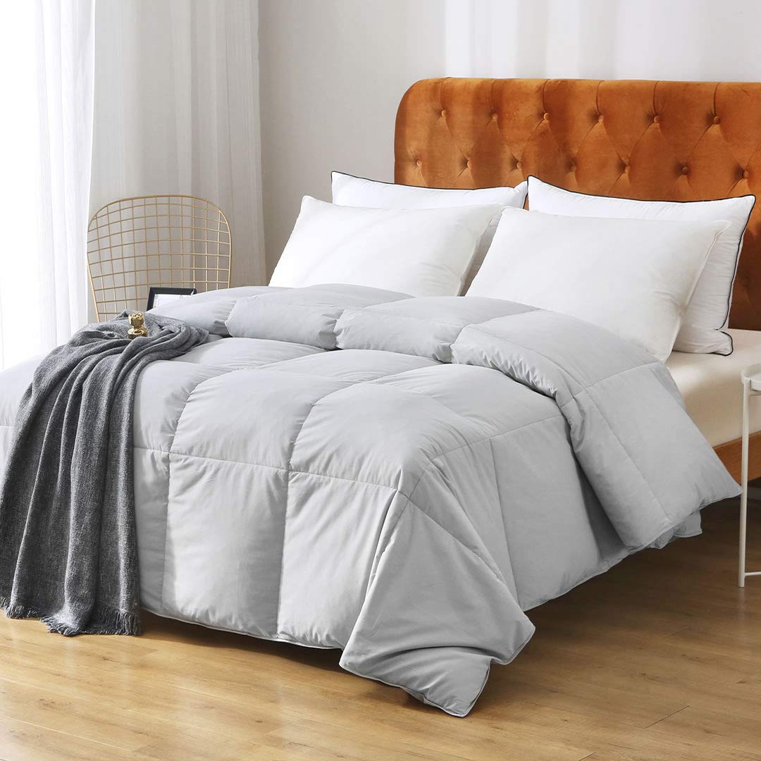 Premium 100% Organic Cotton King Size Down Comforter - Medium Warmth All-Season Gray Feather Duvet Insert with Corner Tabs (106