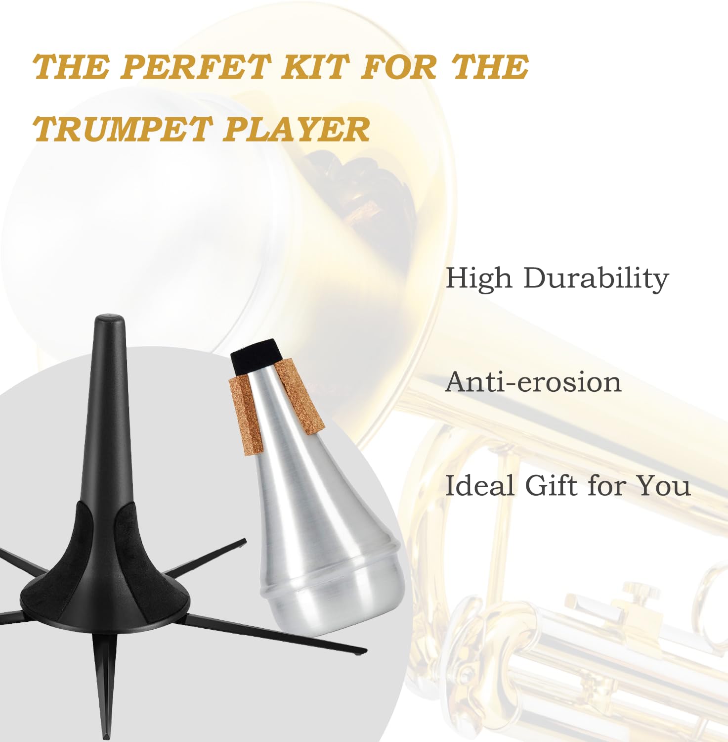 MOONBACK Portable Trumpet Stand & Mute Kit - Foldable, Detachable 5-Leg Metal Stand with Aluminum Trumpet Practice Mute - Lightweight & Stable for Band Practice, Performances & Travel