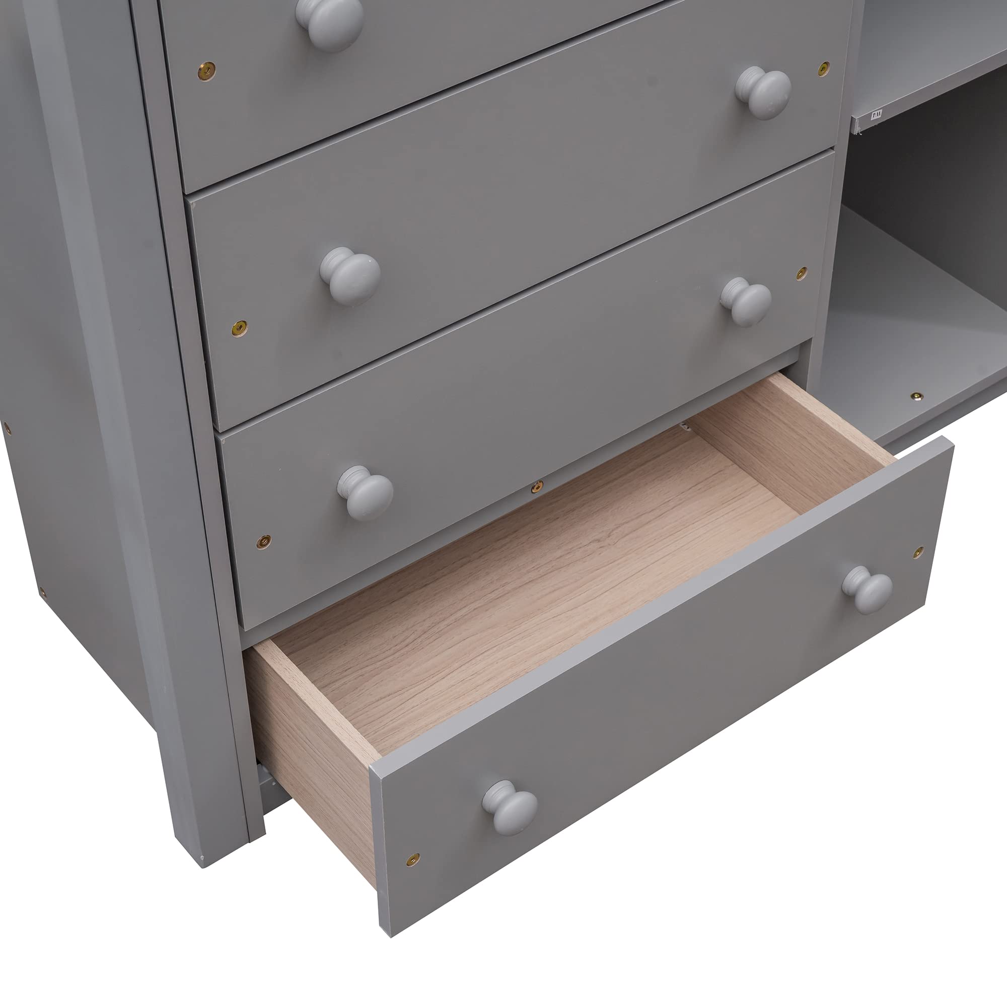 Twin Over Full Bunk Bed with Storage - Solid Wood Bunk Bed with 6 Drawers & 3 Adjustable Shelves, Convertible Loft Bed with Rolling Lower Bed for Kids, Teens & Adults - Space-Saving Bedroom Solution for Small Rooms, Guest Rooms & Dormitories (Gray)
