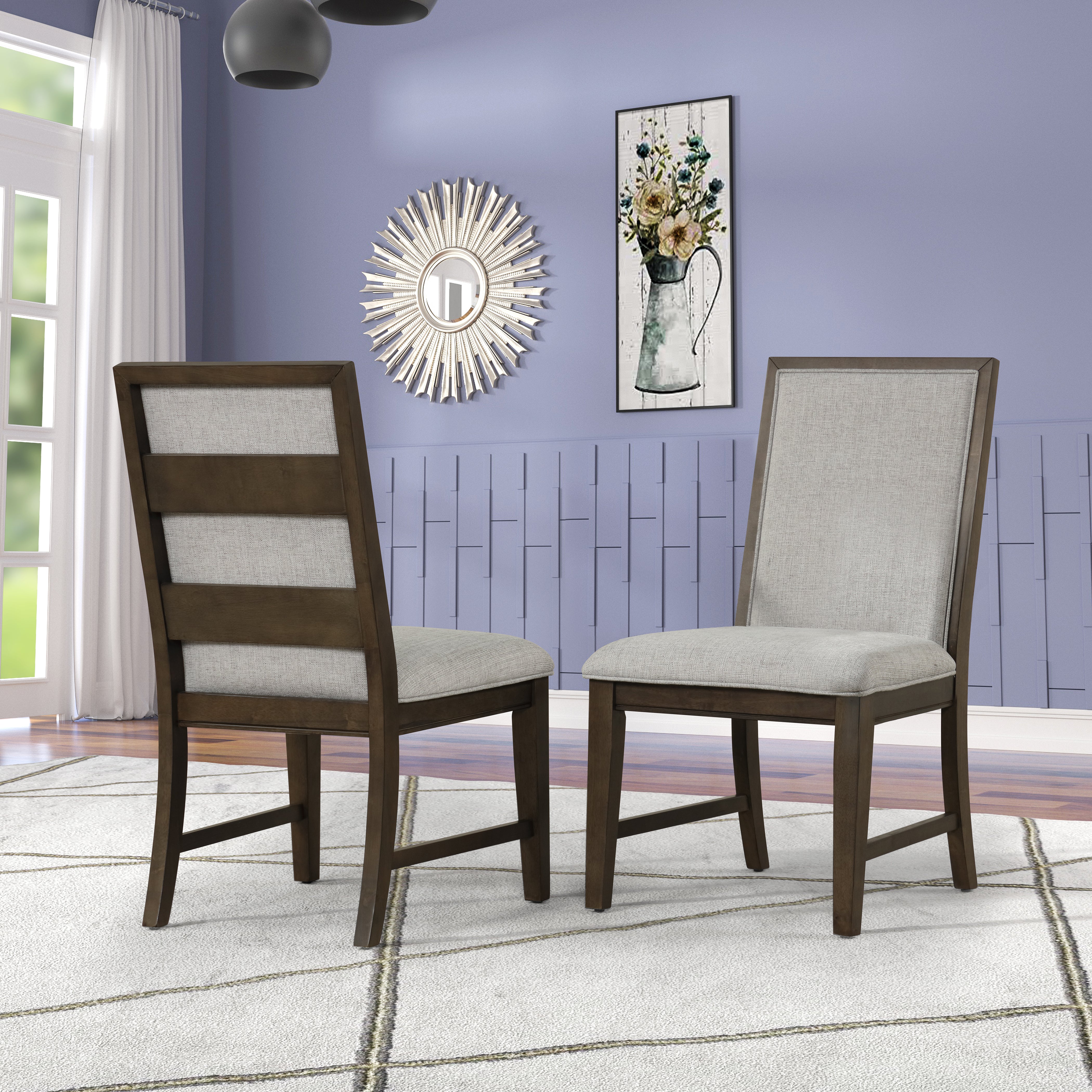 Roundhill Furniture Aberll Solid Wood Upholstered Dining Chairs, Gray, Set of 2 - Modern Farmhouse Style Dining Room Chairs for Kitchen, Breakfast Nook & Home Decor