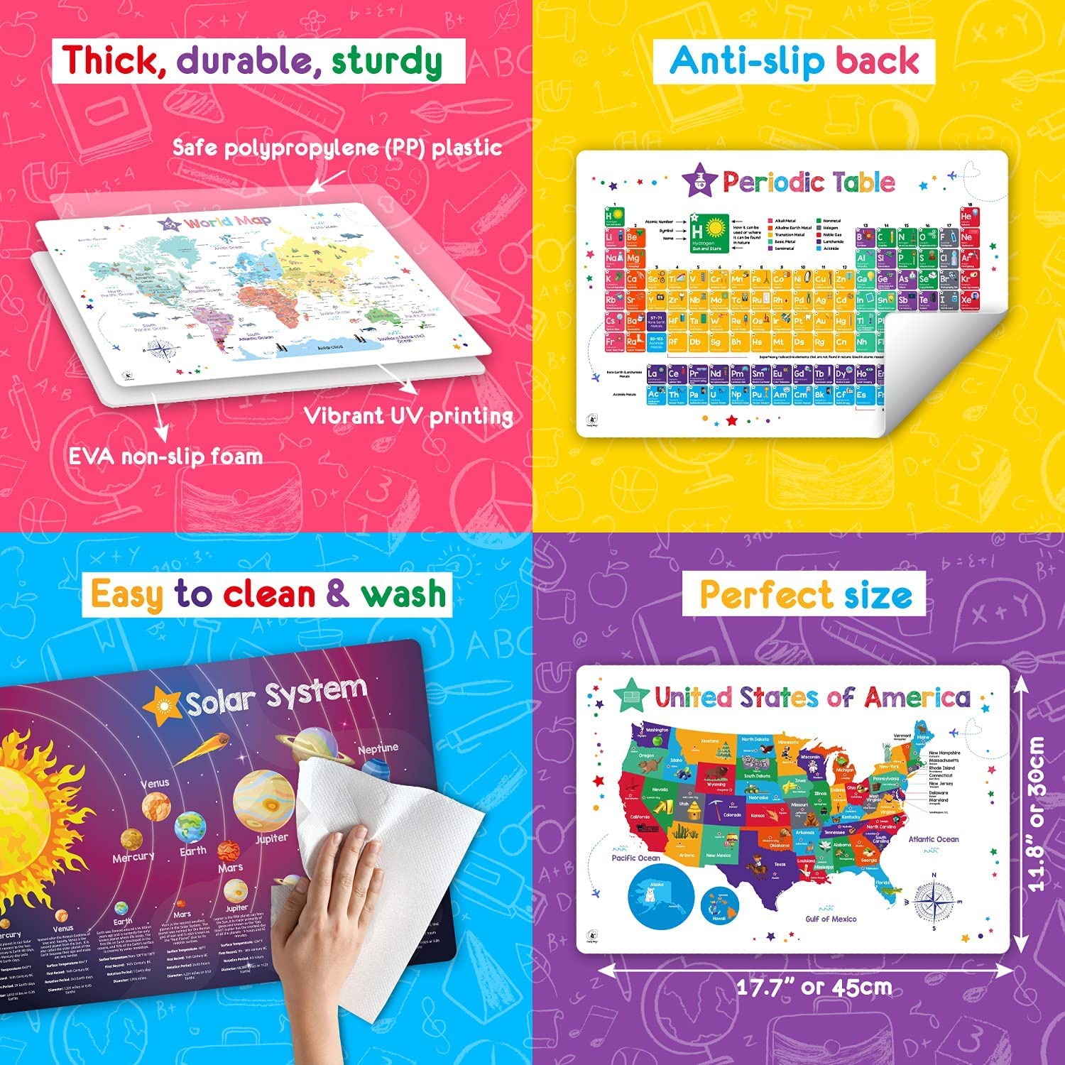 10 Pack Kids Placemats - 2 Sets of 5 Simply Magic Non-Slip Place Mats for Children | Perfect for Dining, Crafts & Learning Activities at Home or School