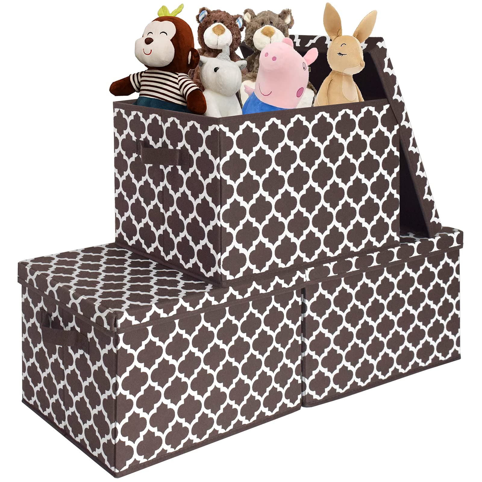 Collapsible Storage Cubes with Lids & Handles - 3-Pack Toy Organizer Bins for Playroom, Closet, Nursery, Office & Pantry (14.4x10x8.5 inches, Brown) - Perfect for Kids' Toys, Home Organization & Space Saving Storage