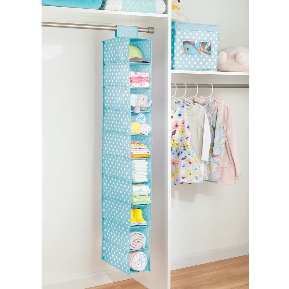 mDesign 10-Shelf Fabric Closet Organizer for Kids Room & Nursery - Soft Hanging Storage with Polka Dot Print, 2-Pack (Turquoise Blue & White Dots) - Perfect for Baby Clothes, Toys & Accessories Organization