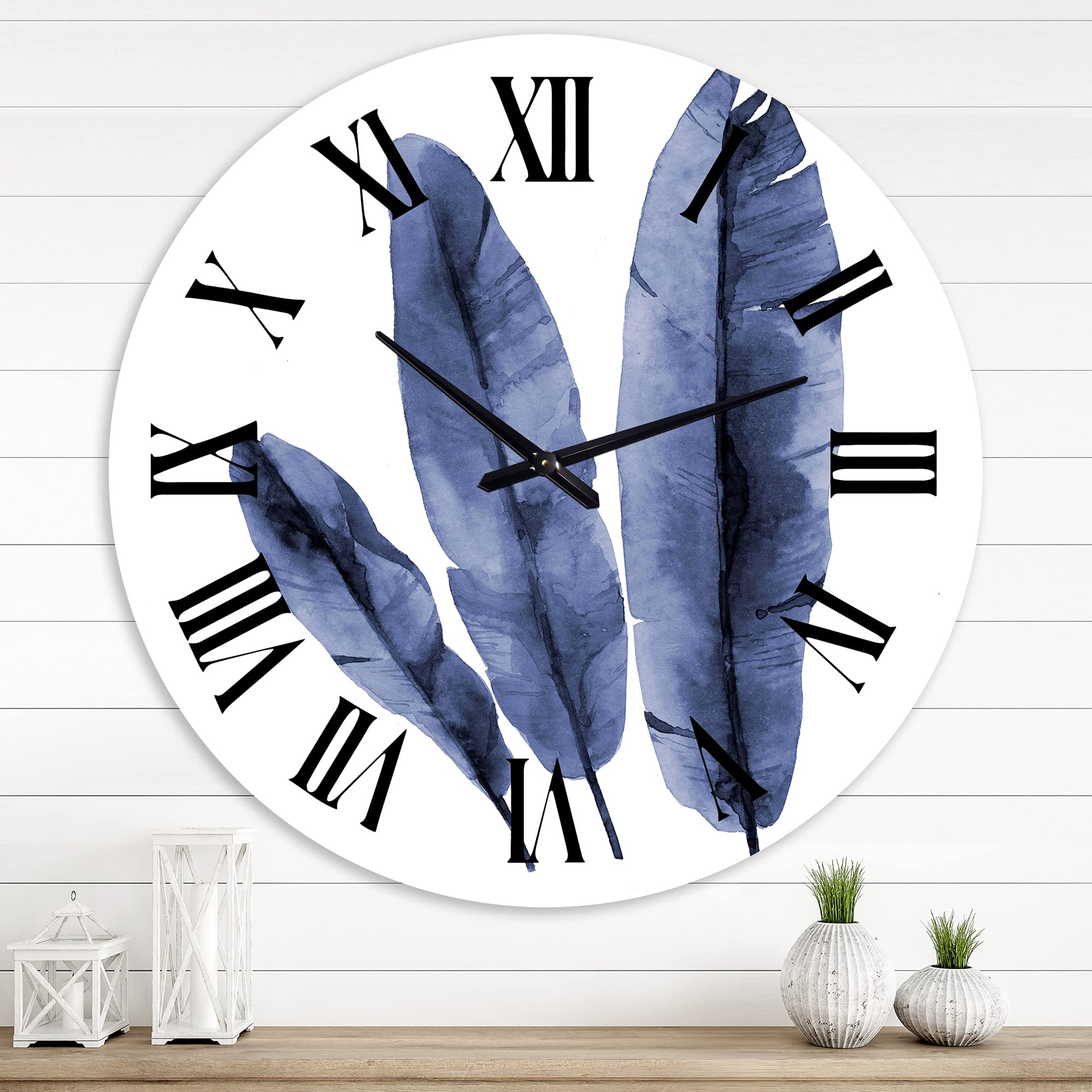 DesignQ Tropical Wall Clock - Navy Blue Banana Leaves Floral Botanical Decor for Living Room, Bedroom, Kitchen | Large Modern Wall Clock for Home & Office
