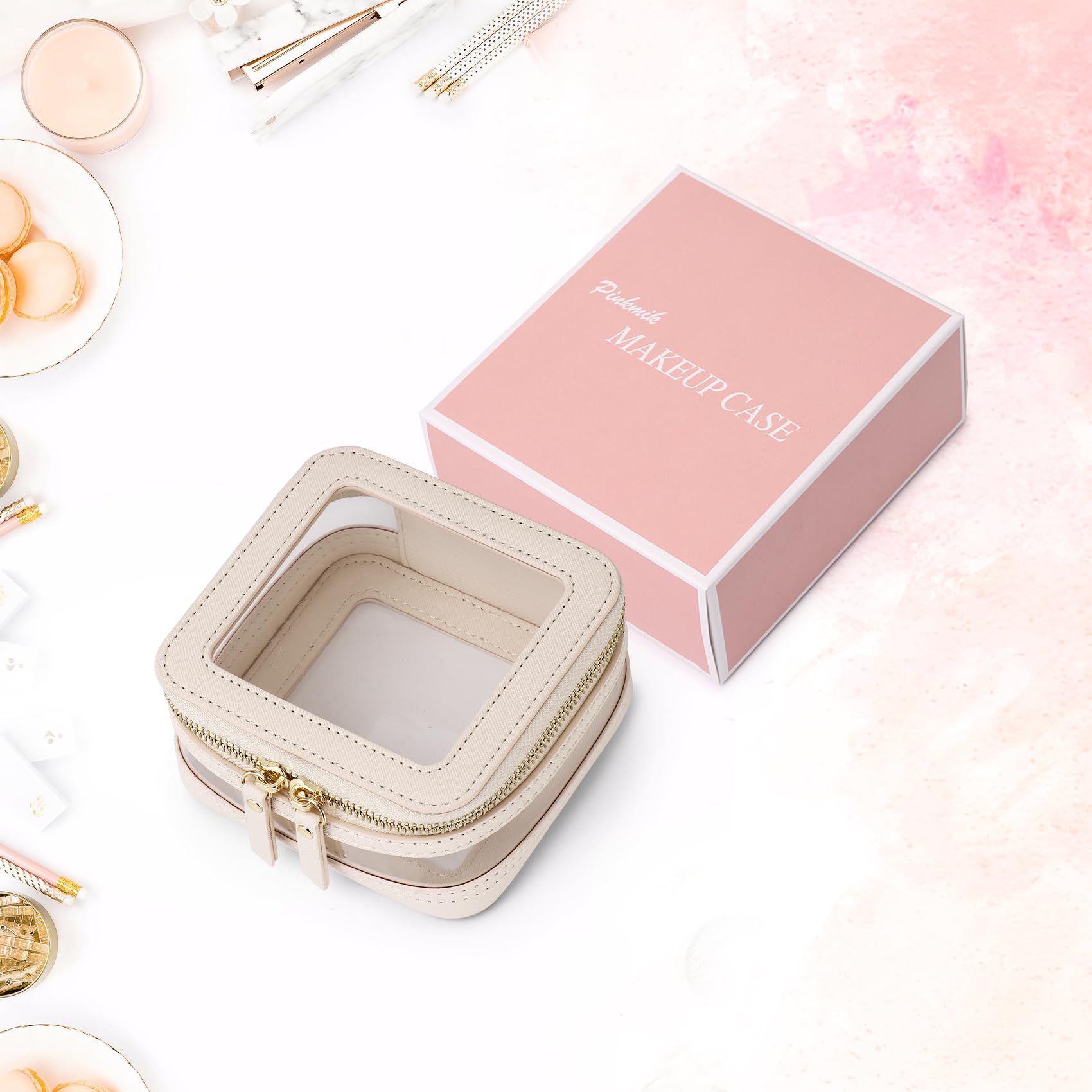 Clear Small Makeup Bag Mini Cosmetic Case & Toiletry Pouch with Zipper - Cute Travel Organizer for Women - Perfect for Cosmetics, Jewelry, and Car Essentials (Beige, MINI-2) - Ideal for Travel, Gym, and Daily Purse Organization