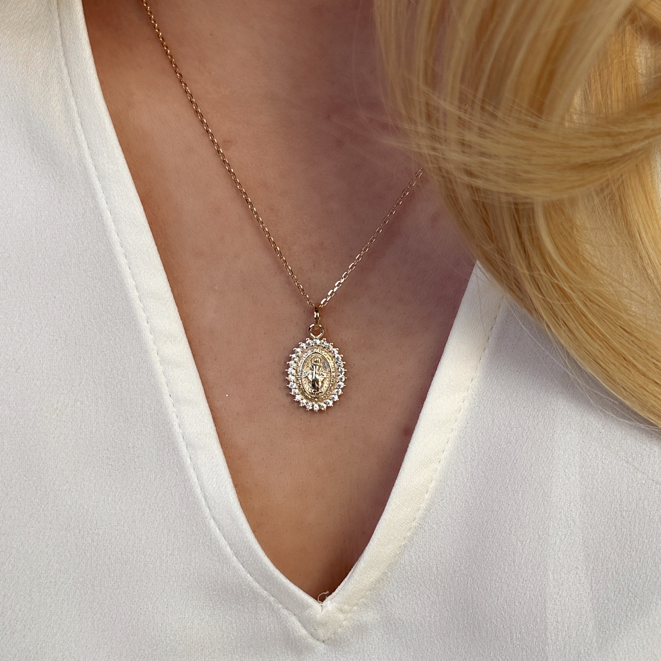 18K Gold Filled Double Sided CZ Lady of Grace Medal Pendant Necklace - Elegant Religious Jewelry for Women, Perfect for Church, Weddings & Special Occasions