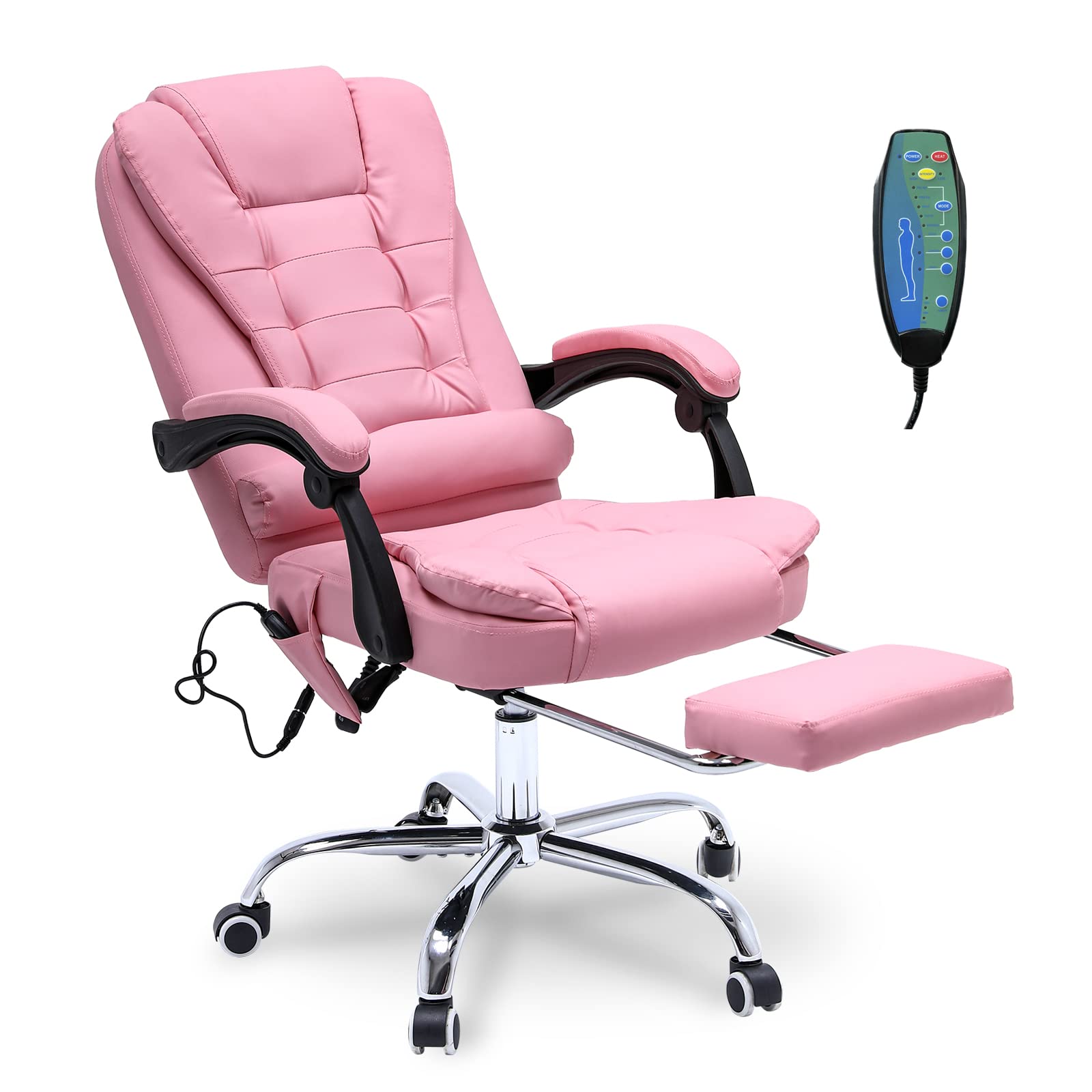 Ergonomic Reclining Office Chair with Massage & Heat - PU Leather Executive Computer Chair with Footrest, Padded Armrest & High Back Support - Swivel Recliner for Home Office, Study & Gaming (Pink) - Perfect for Long Work Hours, Relaxation & Productivity