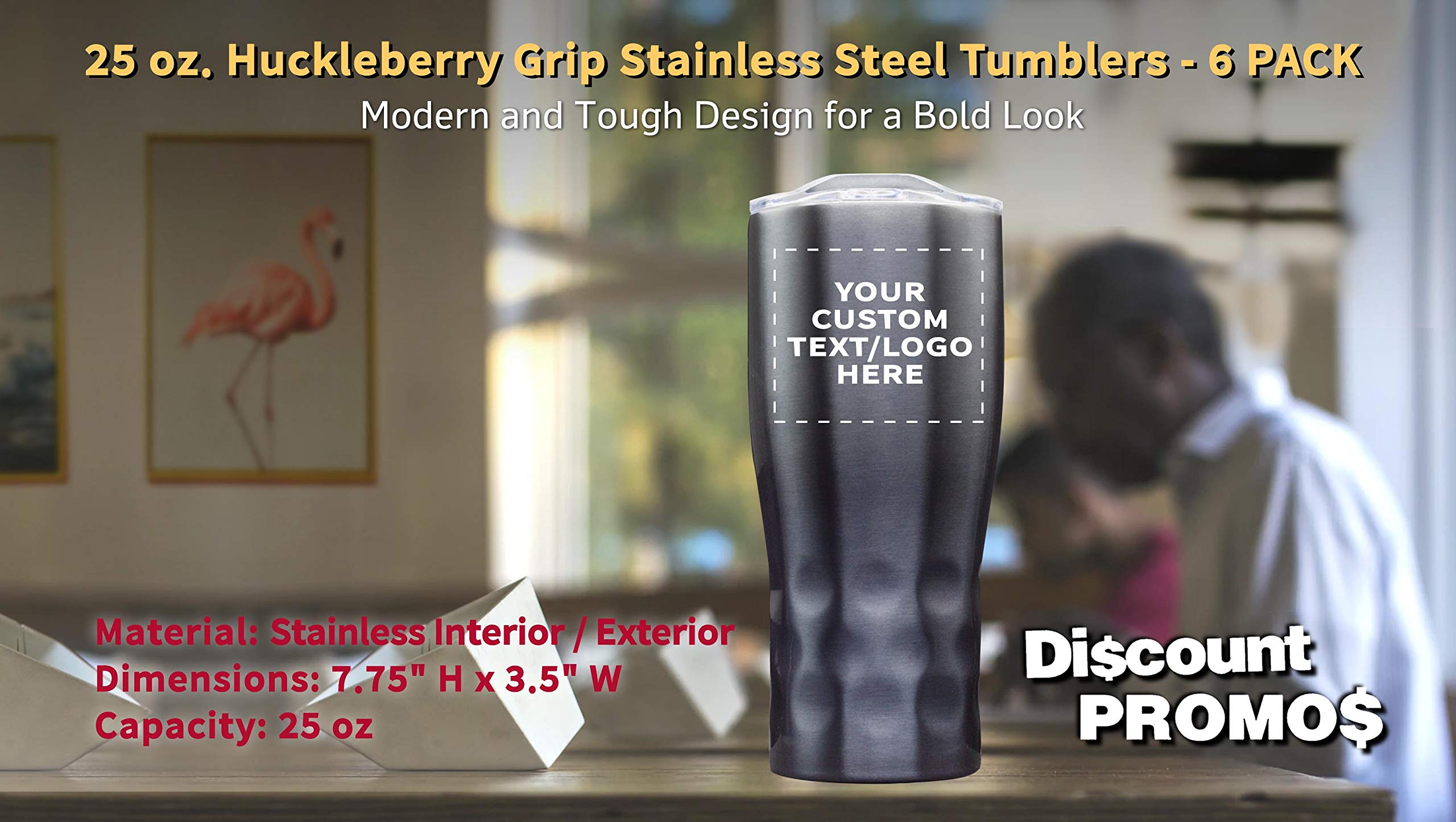 Personalized 25 oz Stainless Steel Tumblers with Huckleberry Grip - 6 Pack Custom Text & Logo - Smoke Finish - Ideal for Outdoor Adventures, Office Use & Gift Giving