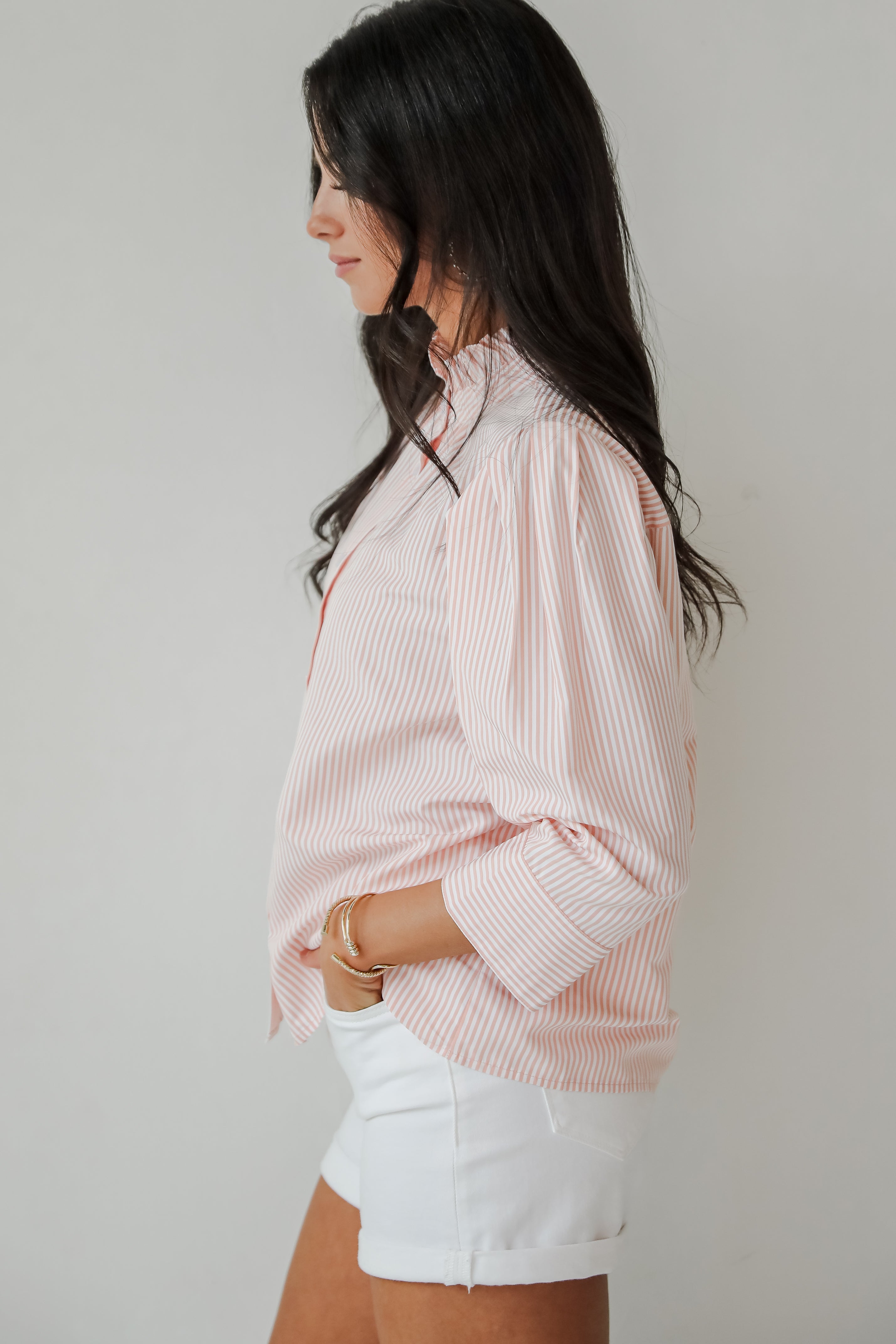 Casual Enchantment Blush Striped Blouse for Women | Trendy Striped Shirt | Perfect for Office, Date Night & Weekend Outfits