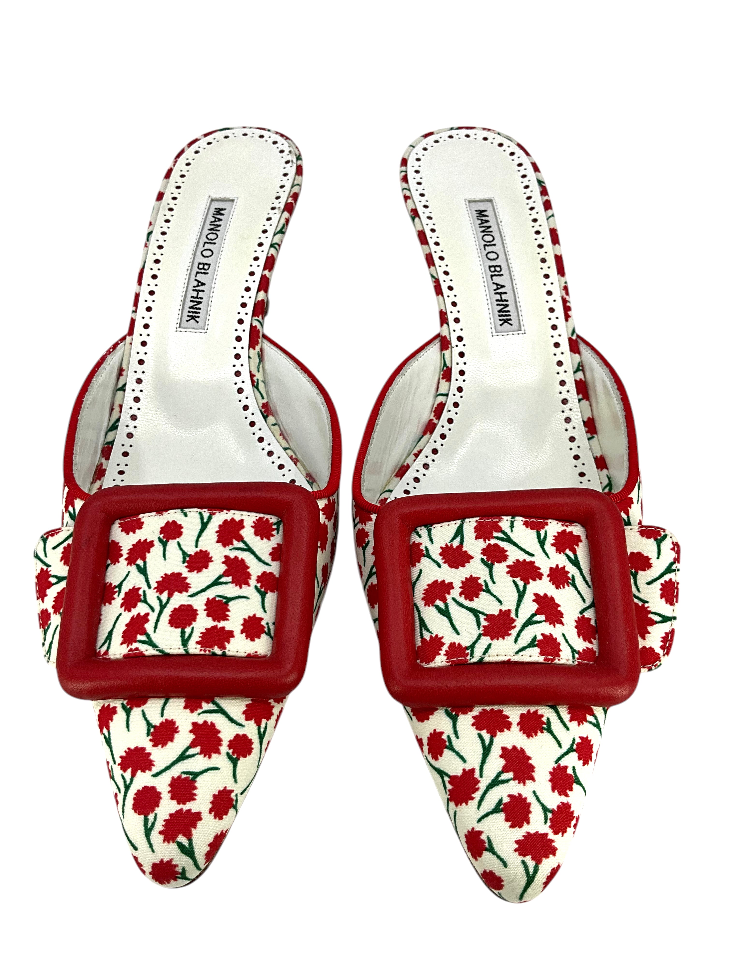 Manolo Blahnik Maysalebi Floral Satin Buckle Mules - Women's Size 9 Luxury Heels for Weddings, Parties & Special Occasions