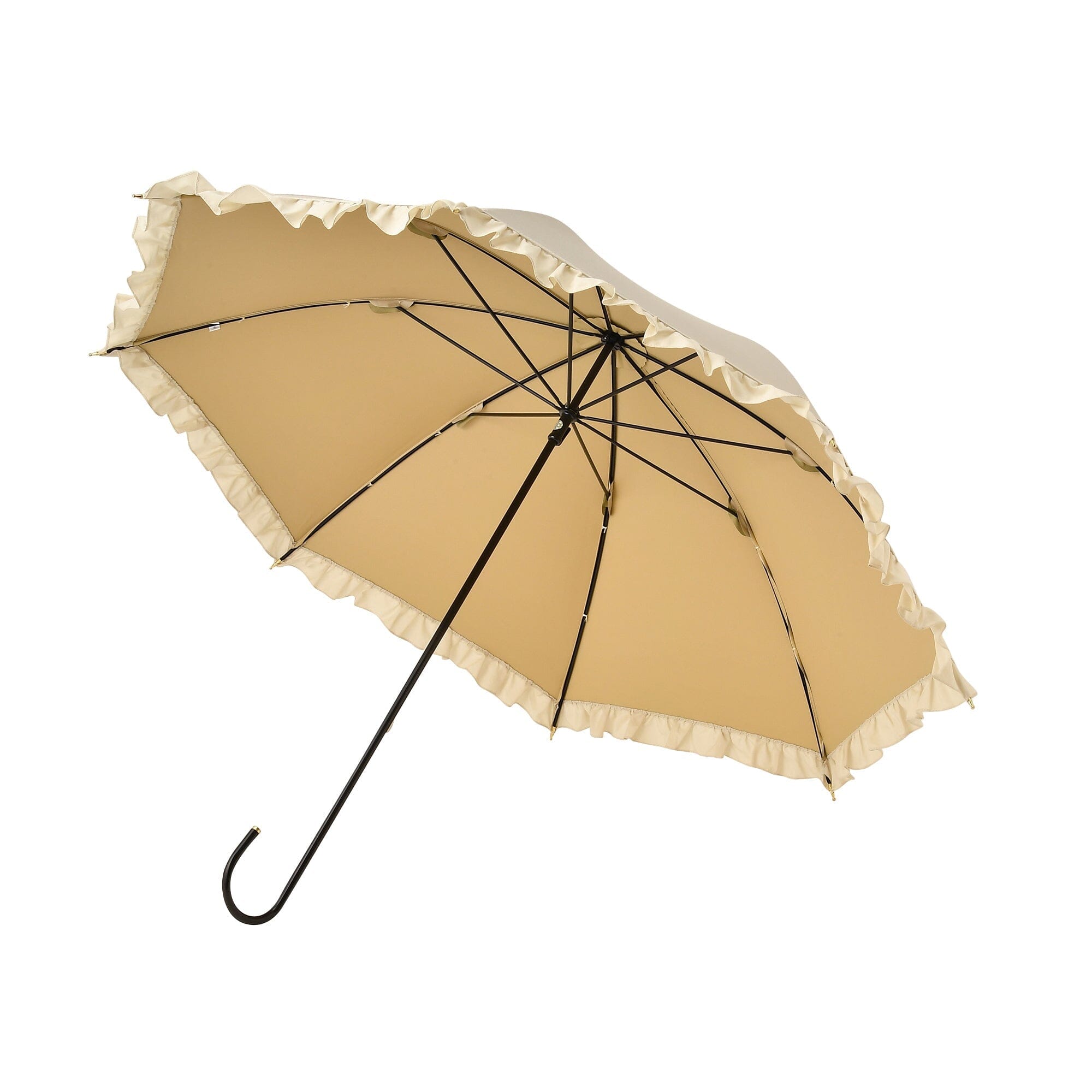 Classic Frill Long Umbrella Beige - Elegant Waterproof Windproof Ladies Parasol for Rainy Days & Outdoor Events