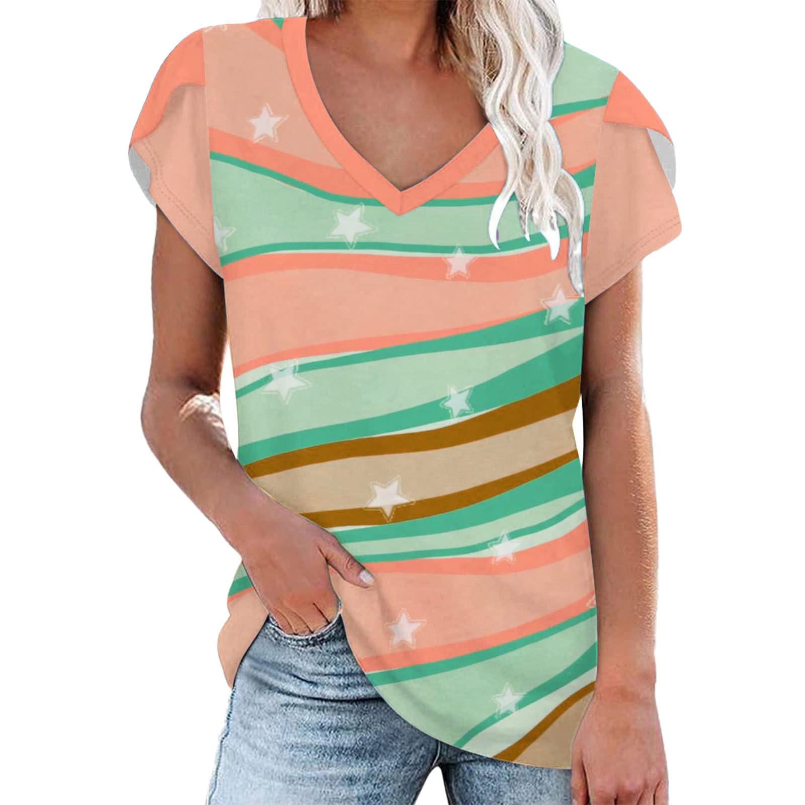 Women's Floral Print V-Neck Casual T-Shirt Blouse with Petal Sleeves - Summer Fashion Top for Daily Wear, Office & Outings