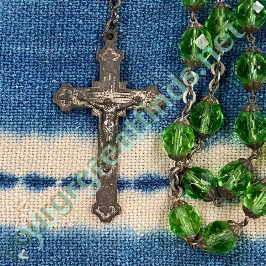 Vintage 7 Up Green Faceted Glass Bead Rosary - Antique Style Catholic Prayer Beads with Patina Finish for Collectors & Religious Devotion