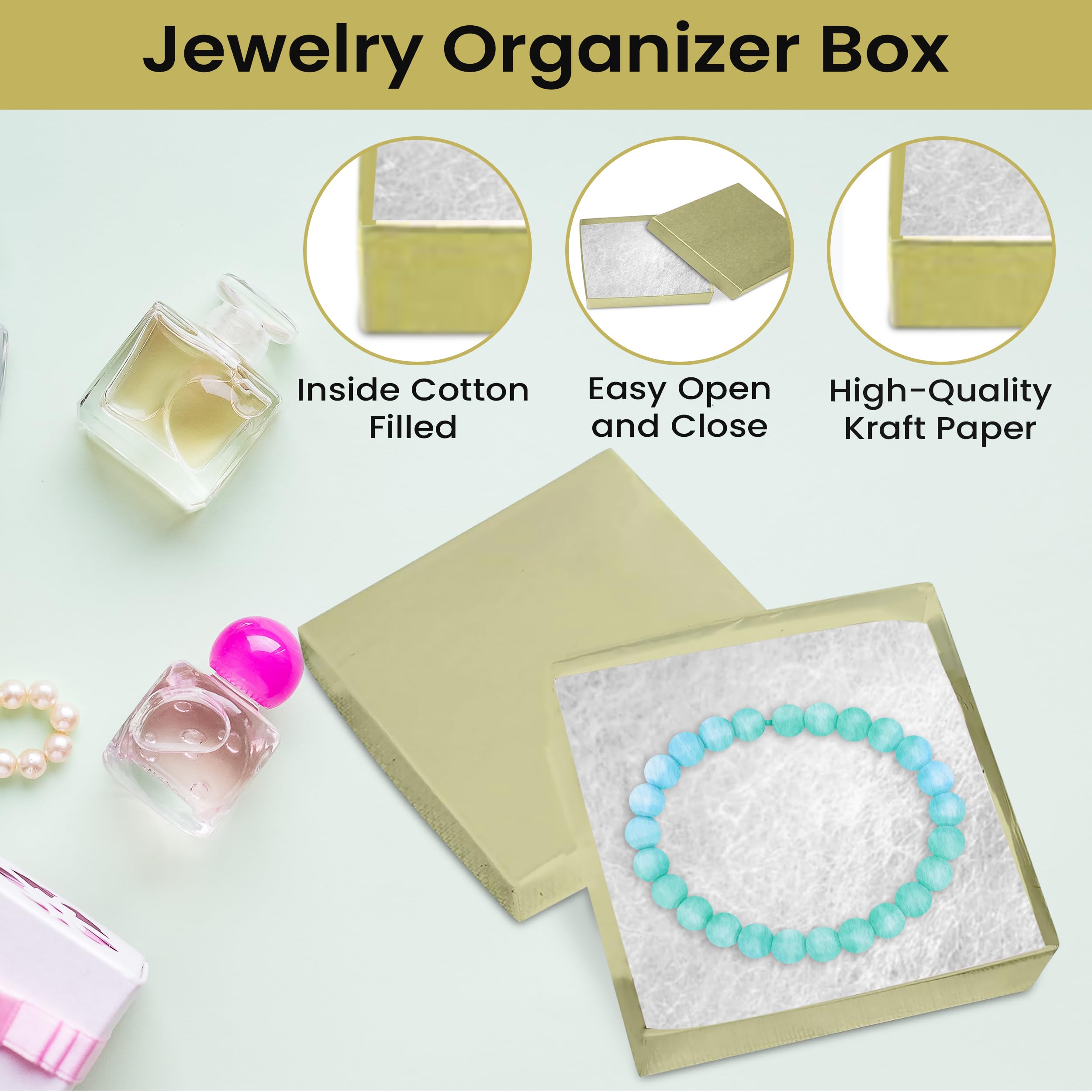 15 Pack Gold Jewelry Gift Boxes 3.5x3.5x0.87 Inch - Premium Cotton Filled Cardboard Jewelry Storage Box with Lids - Made in USA - Perfect for Bracelets, Necklaces, Rings & Earrings - Great for Gifting, Wedding Favors & Retail Display