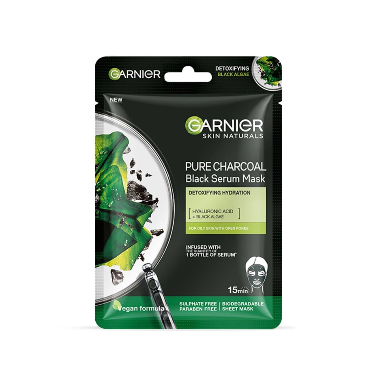 Garnier Skin Naturals Pure Charcoal Black Serum Face Mask - Hydrating & Detoxifying Sheet Mask for Glowing Skin, 1 pc (28g) | Bright Complete Face Mask for Hydration, Brightening & Dark Spot Treatment - Perfect for Spa Night & Self-Care Routine