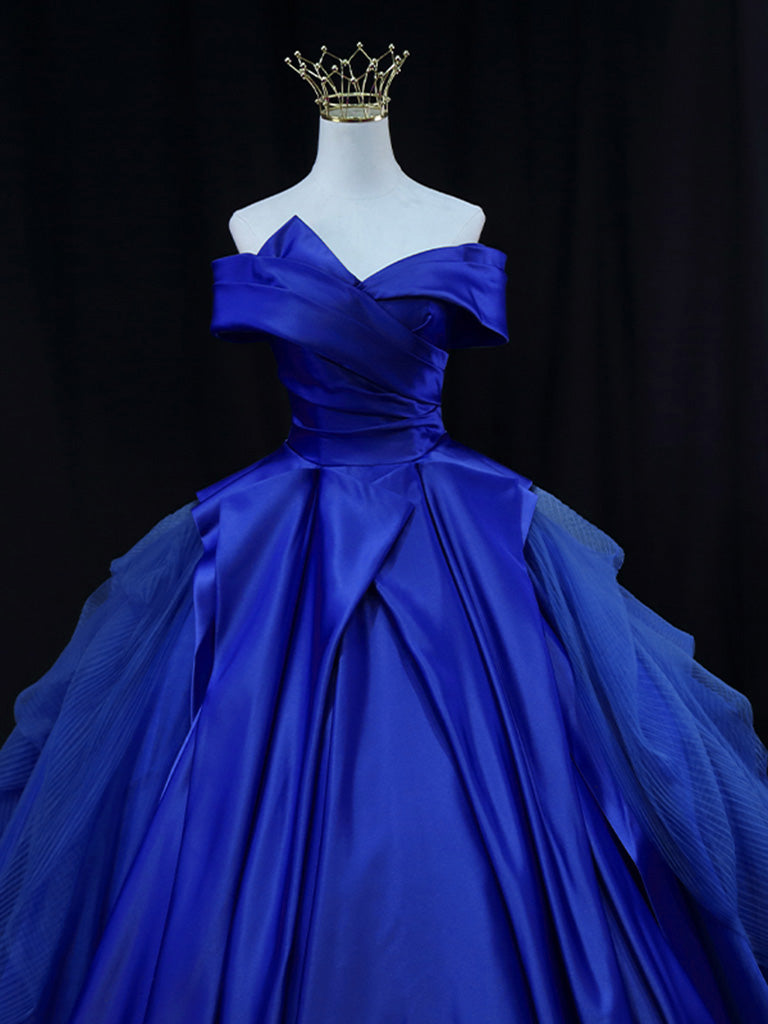 Elegant Off Shoulder Tulle Satin Blue Long Prom Gown - Formal Evening Dress for Women | Perfect for Prom Night, Homecoming, Wedding & Special Occasions