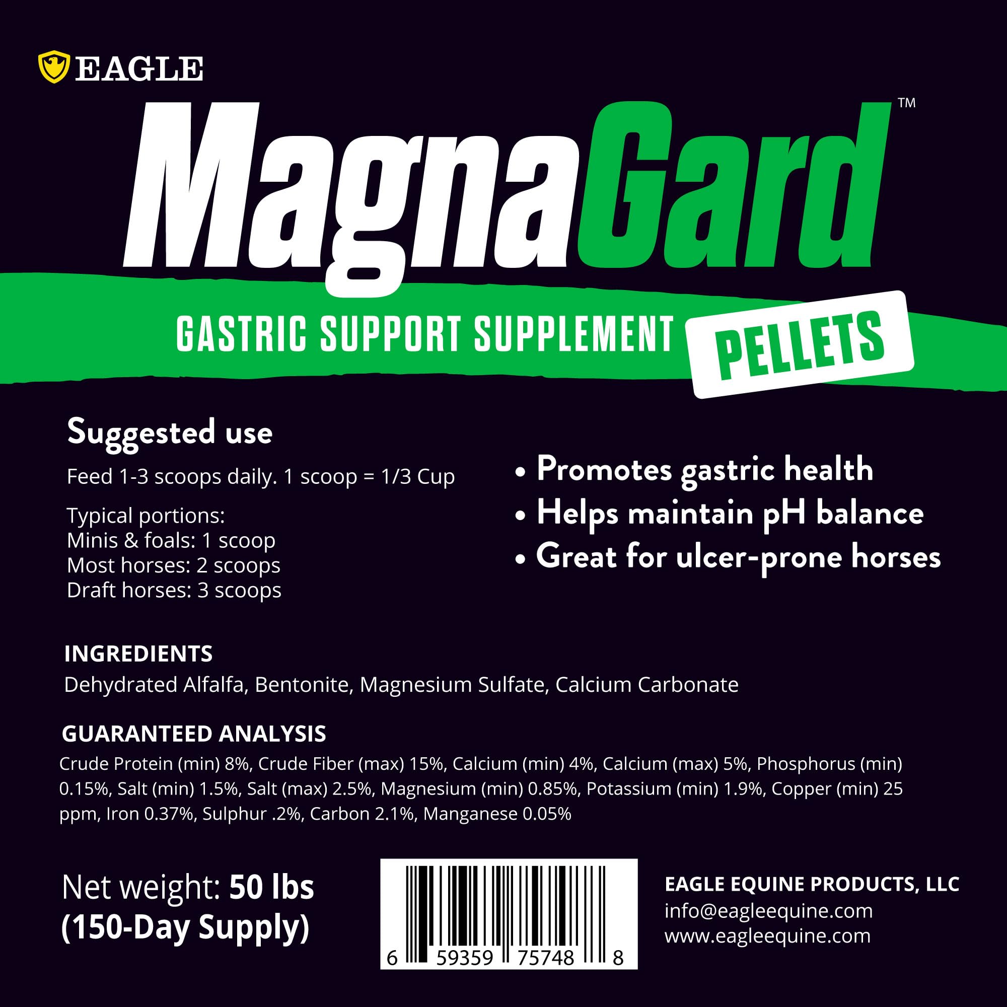 Premium Gastric Support Supplement for Horses - 50 lbs Alfalfa Pellet with Calcium, Magnesium & 50+ Trace Minerals | Digestive Health & Ulcer Relief | Palatable Daily Feed for Performance Horses, Senior Horses & Equine Wellness | 150 Day Supply