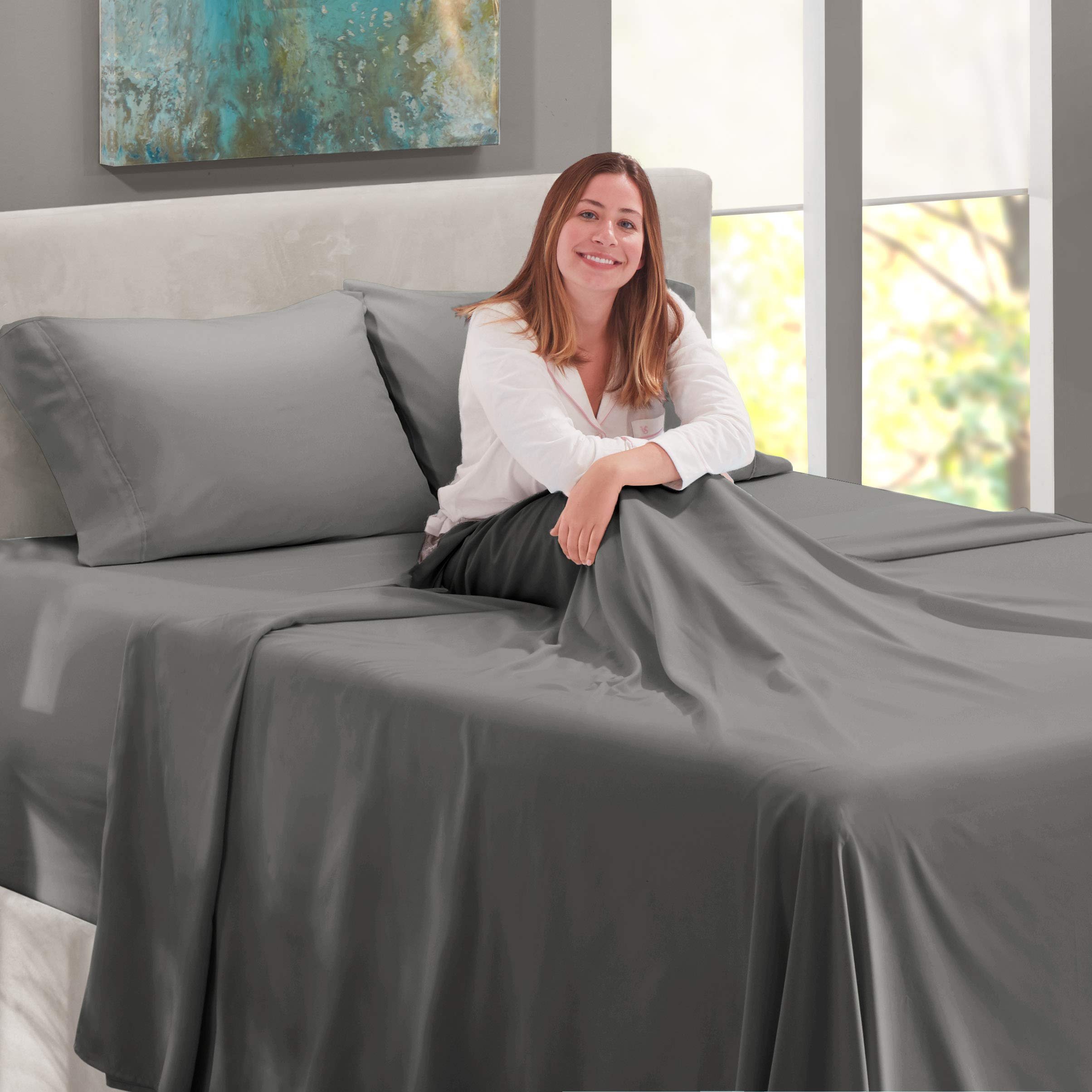 Premium 600 Thread Count Twin XL Sheet Set - 4 Piece 100% Long Staple Cotton Sateen Bedding | Fade Resistant Dark Grey Sheets with Deep Pockets (Fits 12