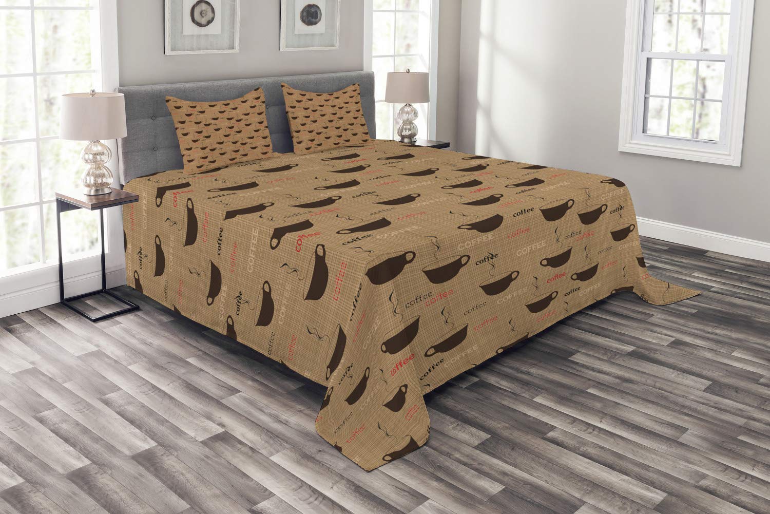 Ambesonne 3-Piece King Size Coffee Themed Bedspread Set with 2 Pillow Shams - Earthen Tone Espresso Latte Design in Chocolate Pale Brown | Perfect for Bedroom Decor, Coffee Lover Gifts & Cozy Home Styling