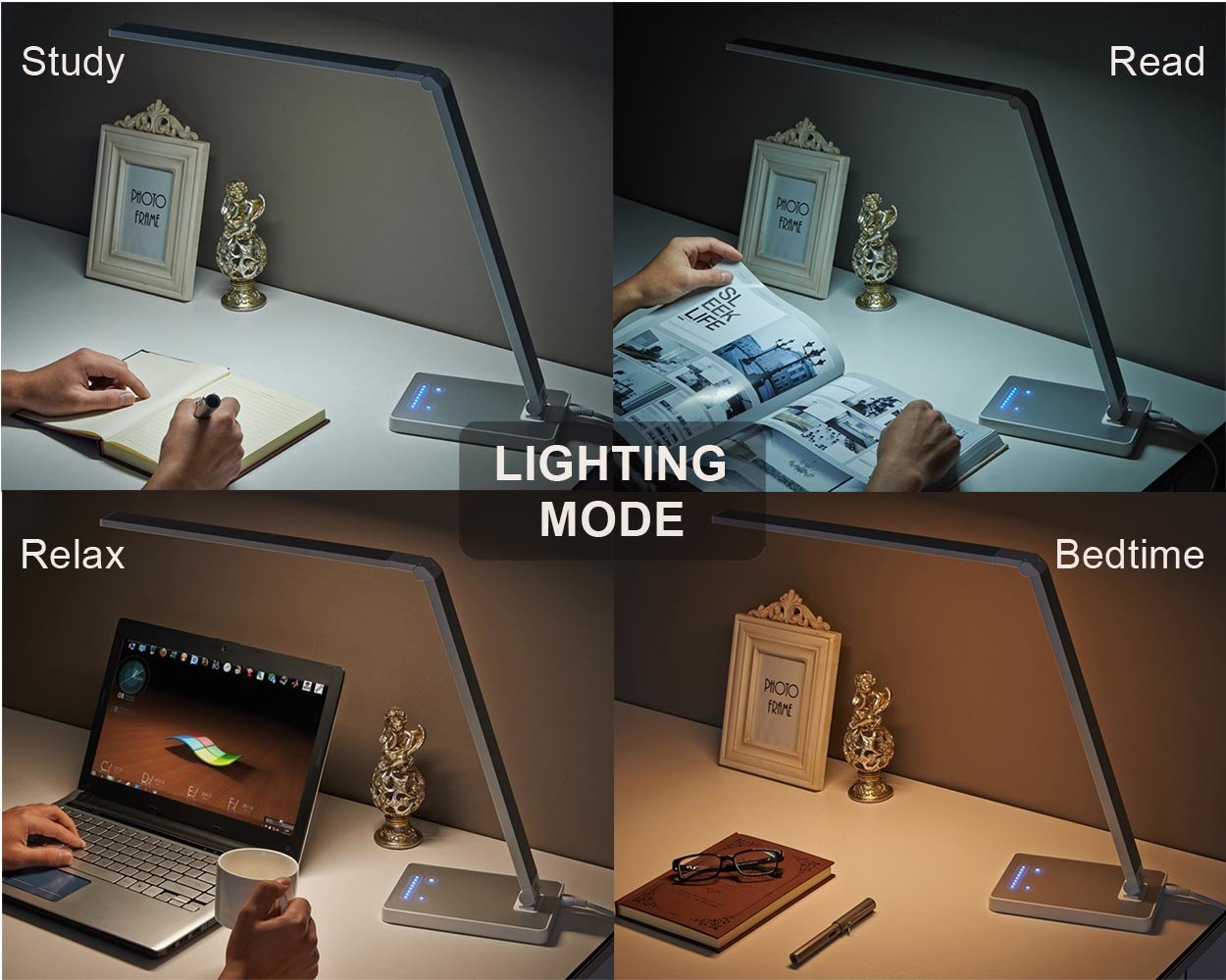 PHIVE Dimmable LED Desk Lamp with Fast Charging USB Port - Touch Control, 8 Brightness Levels & 4 Lighting Modes - Aluminum Alloy Eye-Care Table Lamp for Home Office, Bedroom, Study, Reading (Silver) | Perfect for Night Reading, Work from Home & Student Desk Setup