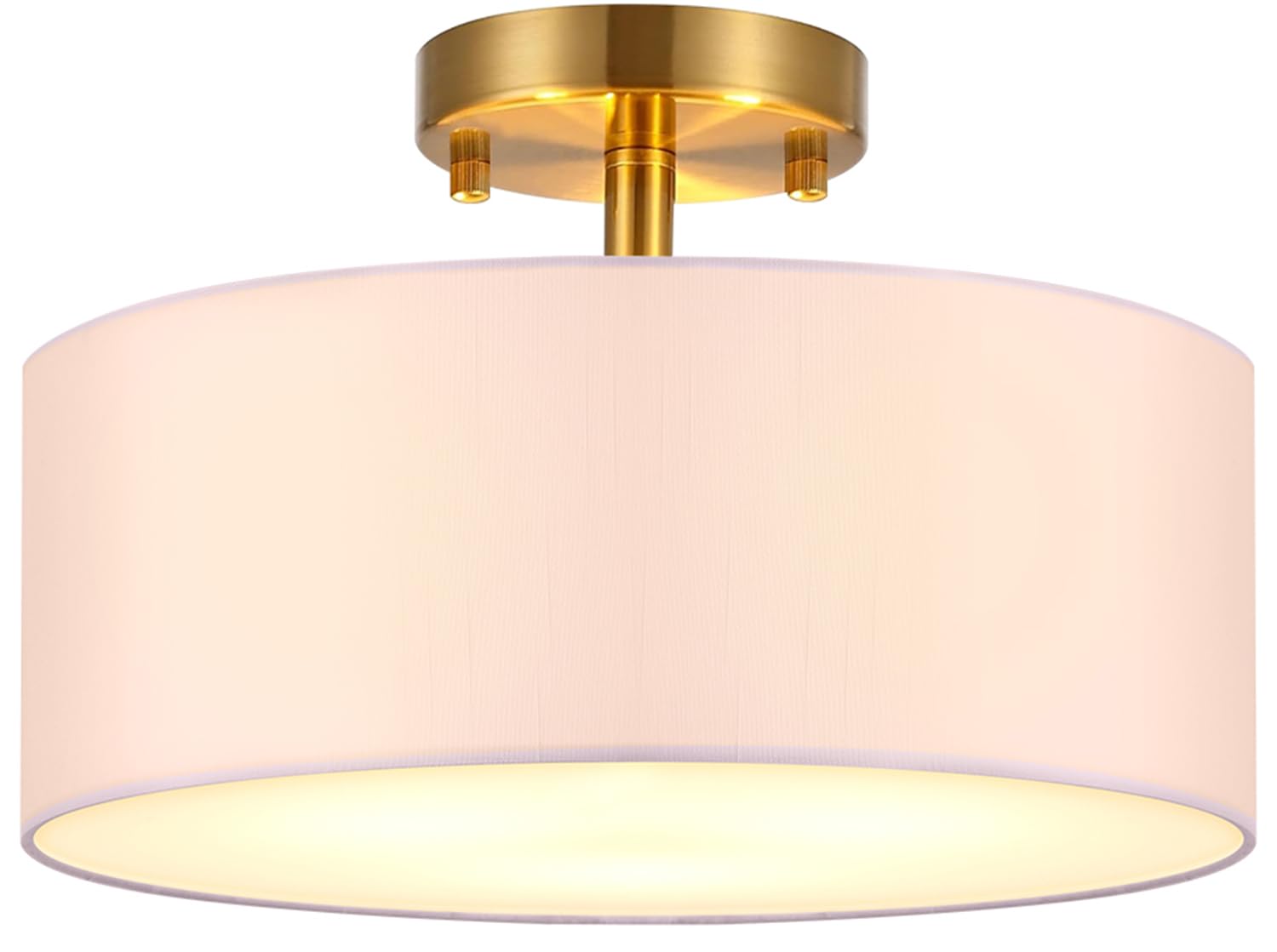15 Inch Drum Ceiling Light Fixture - White Fabric Shade & Gold Finish - Semi-Flush Mount Lighting for Bedroom, Dining Room, Living Room, Hallway - Modern Home Decor & Ambient Lighting Solution