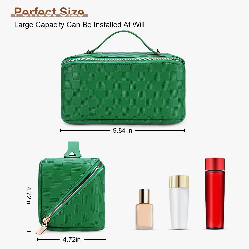 Large Capacity Travel Cosmetic Bag for Women - Waterproof Plaid Checkered Makeup Organizer with Handle & Divider | Portable Leather Skincare Storage | Perfect for Vacation, Gym & Daily Essentials (01-Green)
