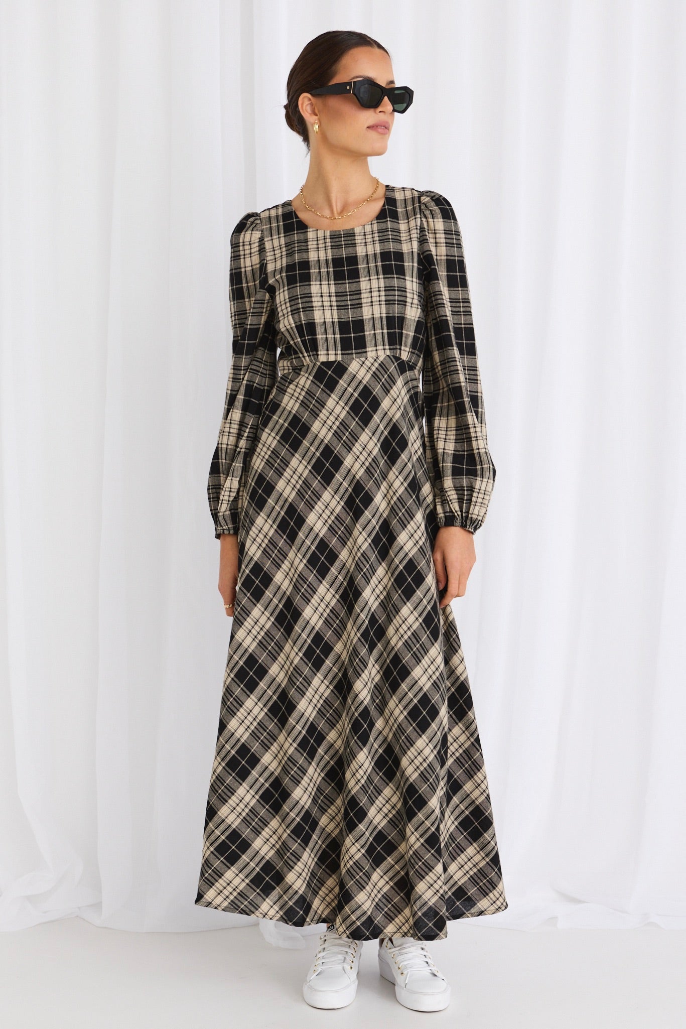 Elegant Black Check Long Sleeve Bias Cut Maxi Dress for Women - Perfect for Fall Weddings, Holiday Parties & Office Wear