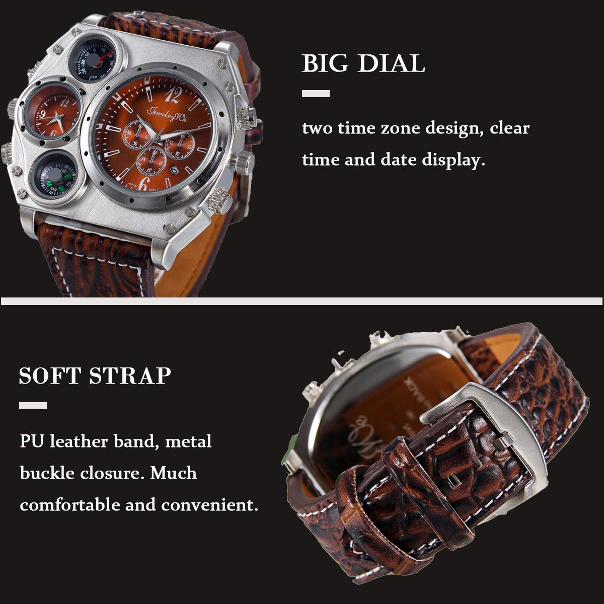 **Men's Military Wrist Watch - Large Face, Dual Time Zone, Brown Leather Strap, Analog Display - Perfect for Outdoor Adventures, Travel & Casual Wear**