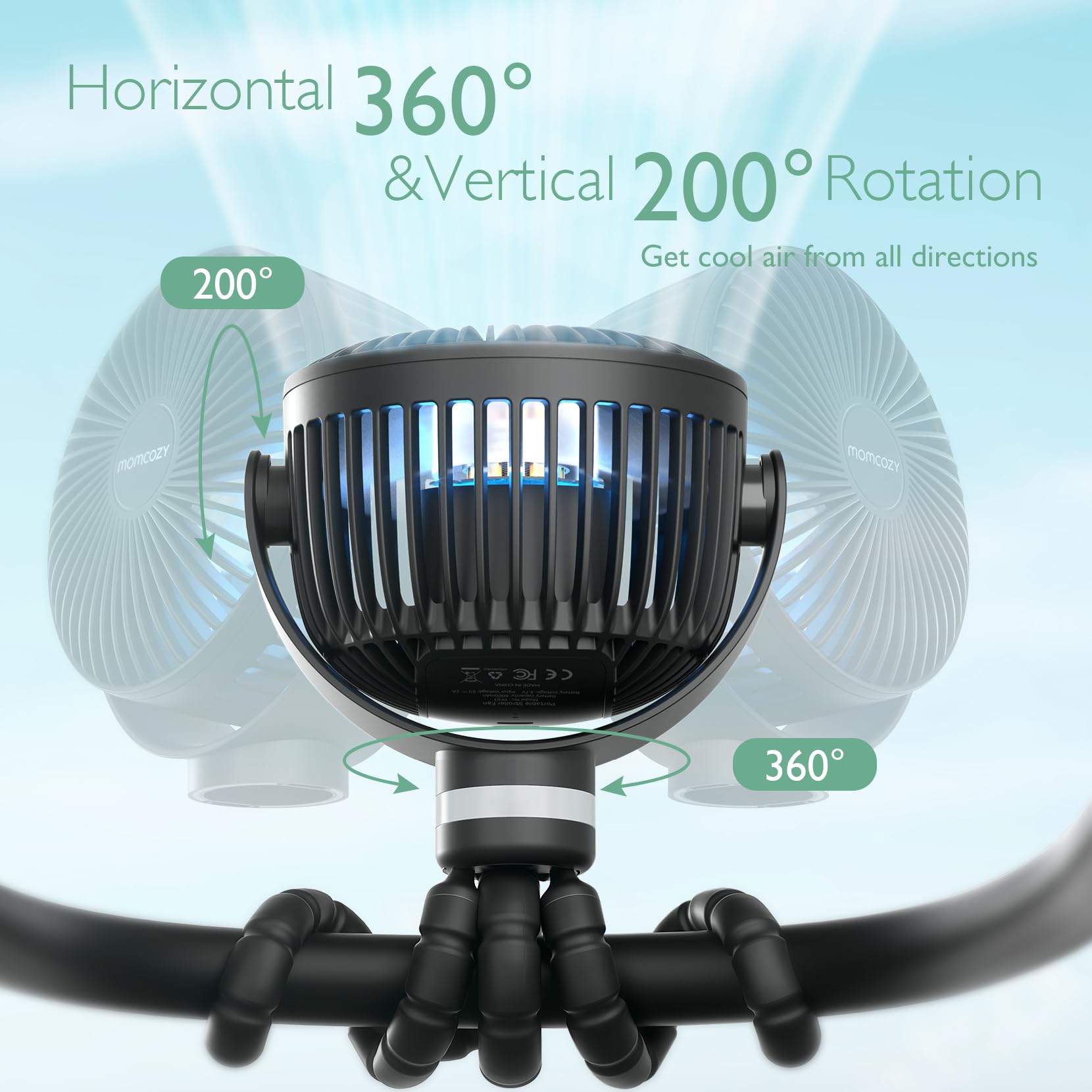 Momcozy Portable Stroller Fan with 27H Battery Life - 4 Speed 360° Rotating, USB Rechargeable, LED Night Light - Perfect for Baby Strollers, Car Seats & Travel Cooling