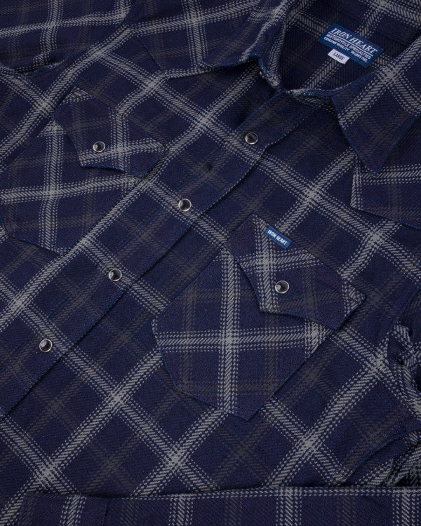Iron Heart IHSH 411 9oz Selvedge Indigo Check Flannel Western Shirt for Men - Black Plaid Workwear Shirt for Casual & Outdoor Wear