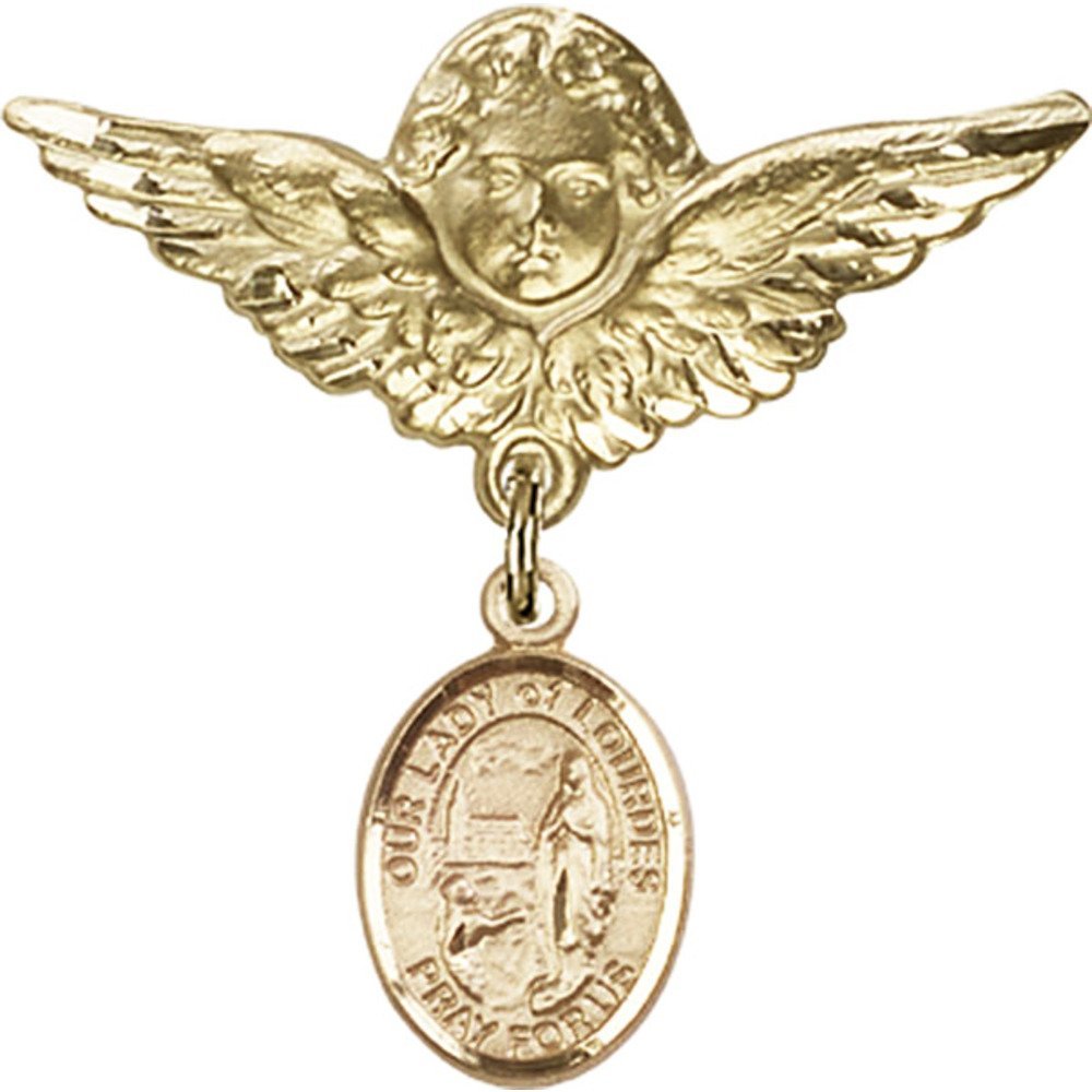 Gold Filled Our Lady of Lourdes & Angel Wing Baby Badge Pin - 1 1/8 X 1 1/8 Inches - Religious Jewelry Gift for Baptism, First Communion & Baby Blessings