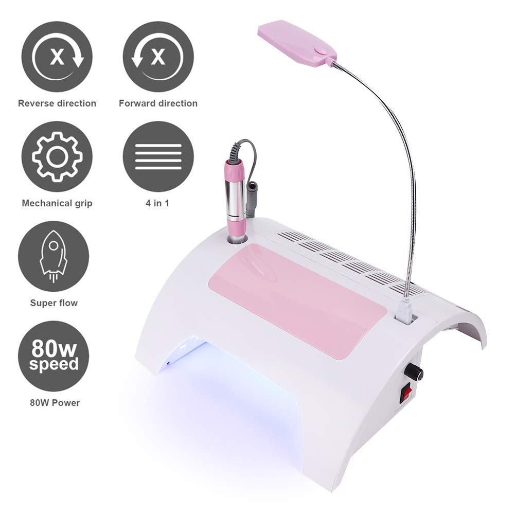 5 in 1 Nail Dust Collector with Drill - 60W Multi-Functional Nail Grinding Machine, Cleaner, Manicure Light & Hand Rest Pillow for Salon & Home Manicure Pedicure | Perfect for Nail Salons, DIY Nail Art & Professional At-Home Grooming (US)
