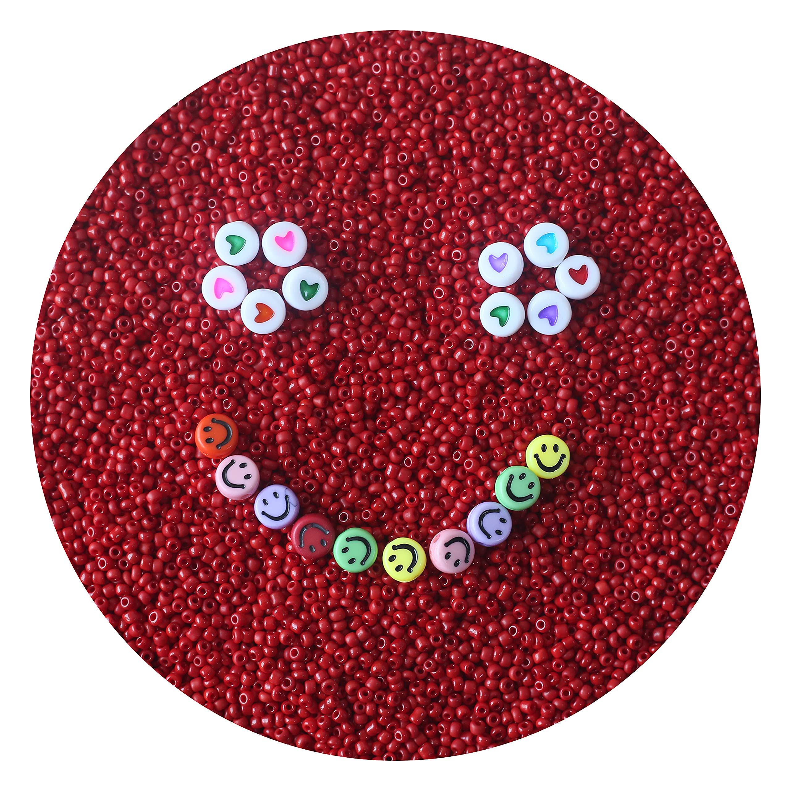 Leiman 10020pcs 2mm Red Glass Seed Beads for Jewelry Making - DIY Bracelet, Necklace & Ring Kit with Colorful Heart & Smiley Face Beads - Perfect for Crafting, Gifts & Fashion Accessories