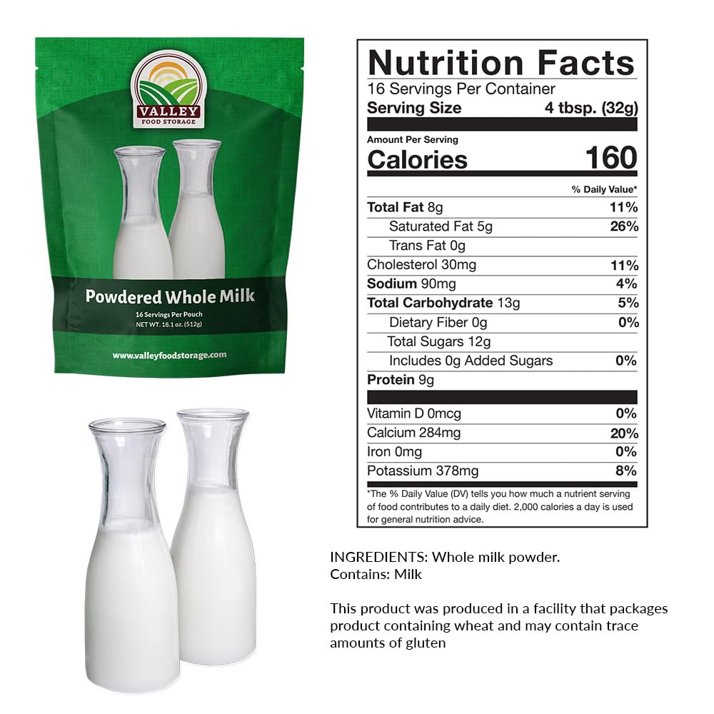 Valley Food Storage Whole Milk Powder with Vitamin A & D | 25 Year Shelf Life Powdered Milk for Long Term Storage | Ideal for Camping, Backpacking, Emergency Preparedness & Survival Food Supplies (10 Bags + Bucket) | Perfect for Outdoor Adventures, Disaster Kits and Everyday Pantry Stock