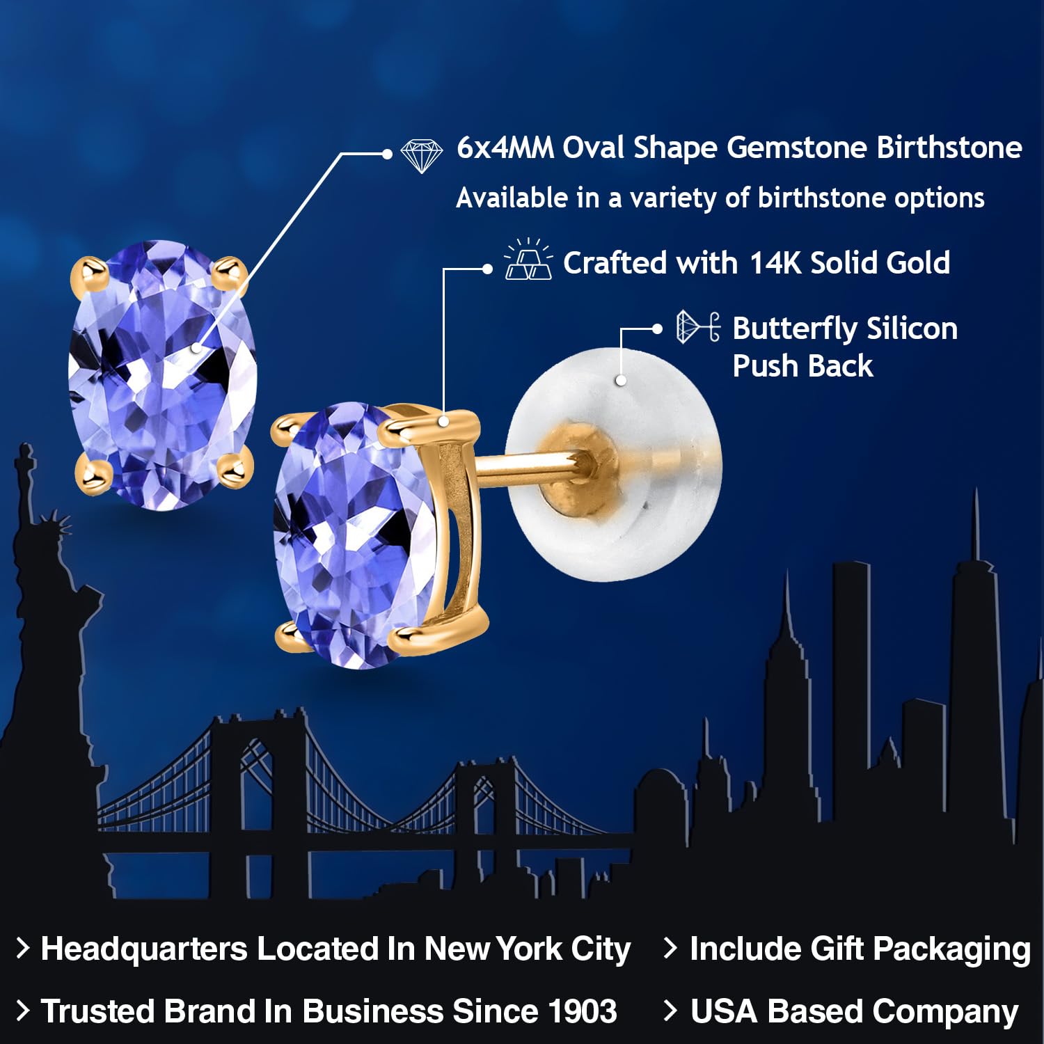 14K Gold Oval Gemstone Birthstone Stud Earrings for Women & Men | 6x4mm Oval Cut | Fine Jewelry Gift for Her, Mom, Wife | Anniversary, Birthday, Christmas Present | Everyday Wear & Special Occasions