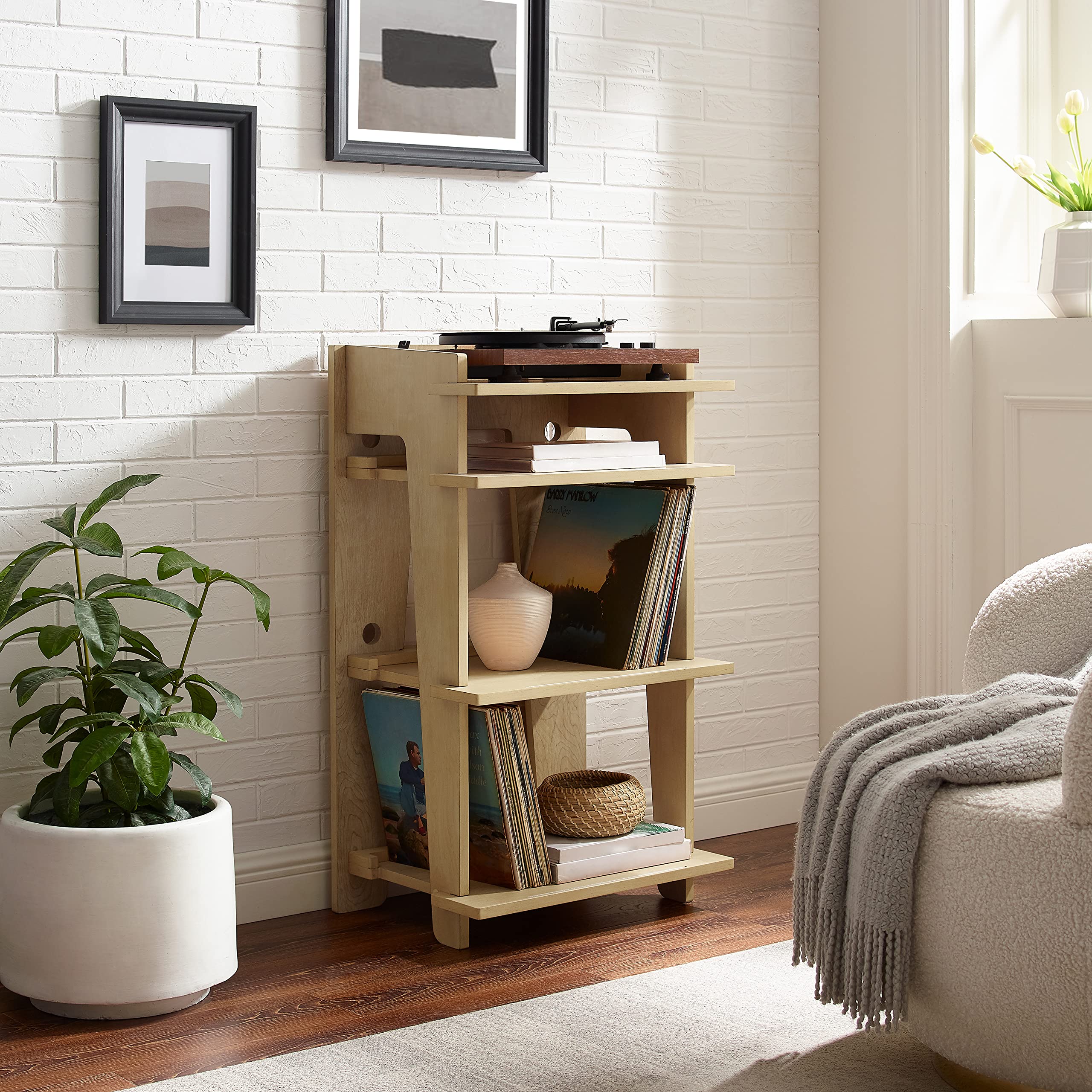 Crosley Furniture Soho Vinyl Record Player Stand with Storage - Modern Media Console for Home Organization in Natural Wood Finish - Perfect for Living Room, Bedroom & Home Theater Setup
