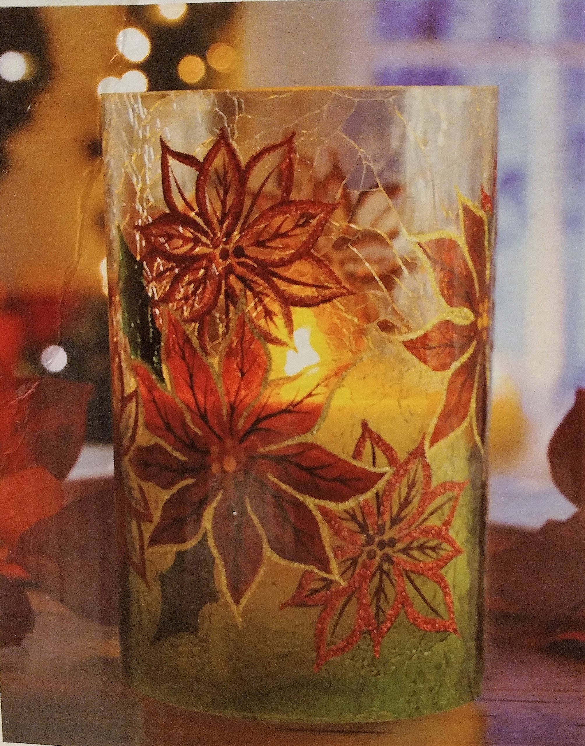 Glass LED Poinsettia Candle with Timer - Battery Operated Flameless Decorative Light for Christmas Home Decor, Parties & Holiday Centerpieces