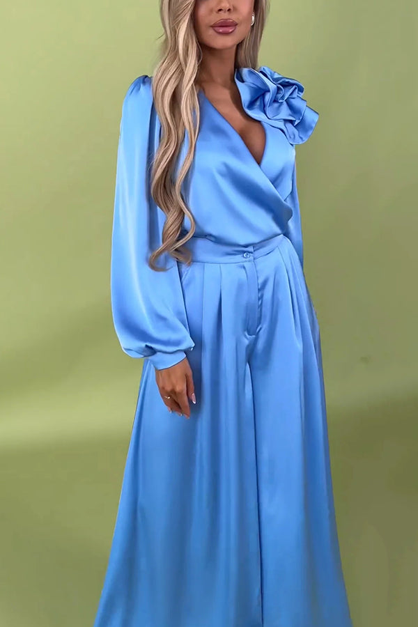 Elegant Solid Color V-Neck Long Sleeve Blouse with Floral Embroidery & Casual Pocket Wide Leg Pants Set - Perfect for Office Wear, Date Night and Spring Outfits