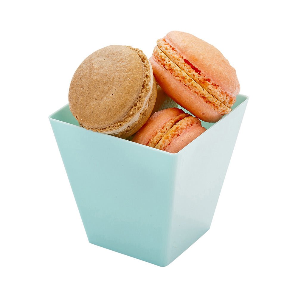 100 Pack 8 oz Square Baby Blue Plastic Kova Cups with 100 Silver Mini Spoons - Perfect for Baby Showers, Birthday Parties, and Catering Events
