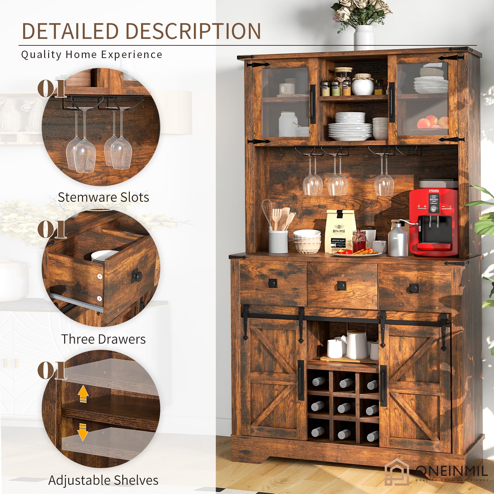 Farmhouse Coffee Bar Cabinet with Storage, 72
