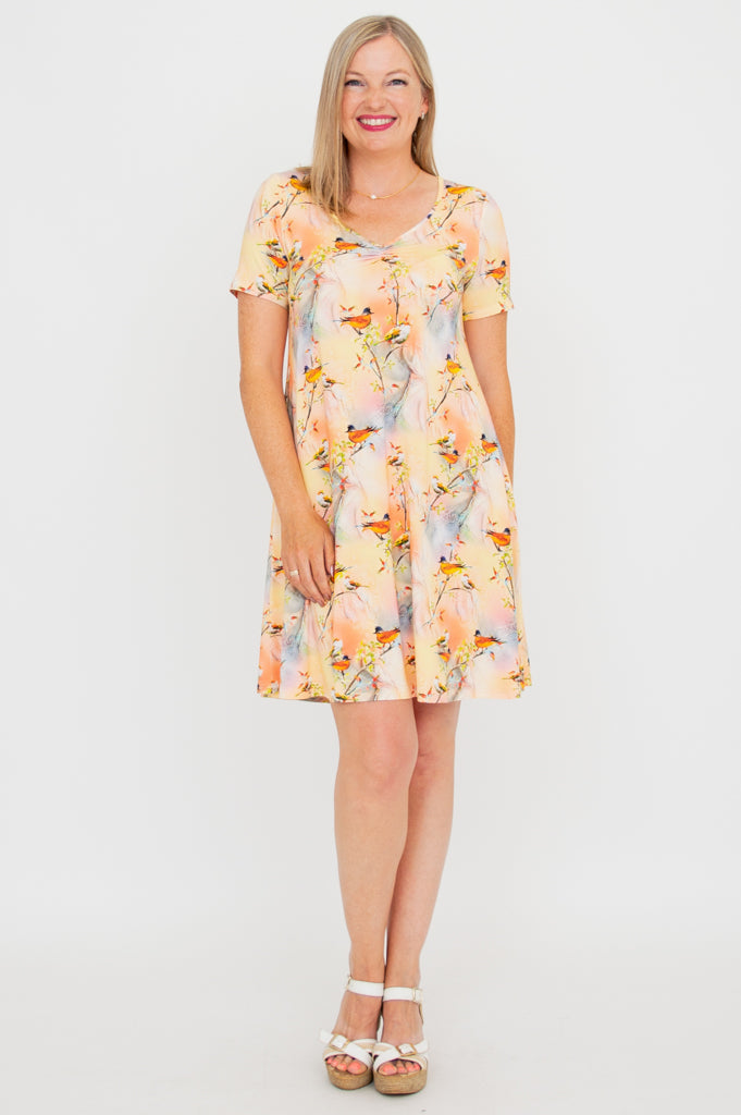 Lanai Short Sleeve Summer Dress - Songbird Print Bamboo Fabric for Beach Vacation & Casual Outings