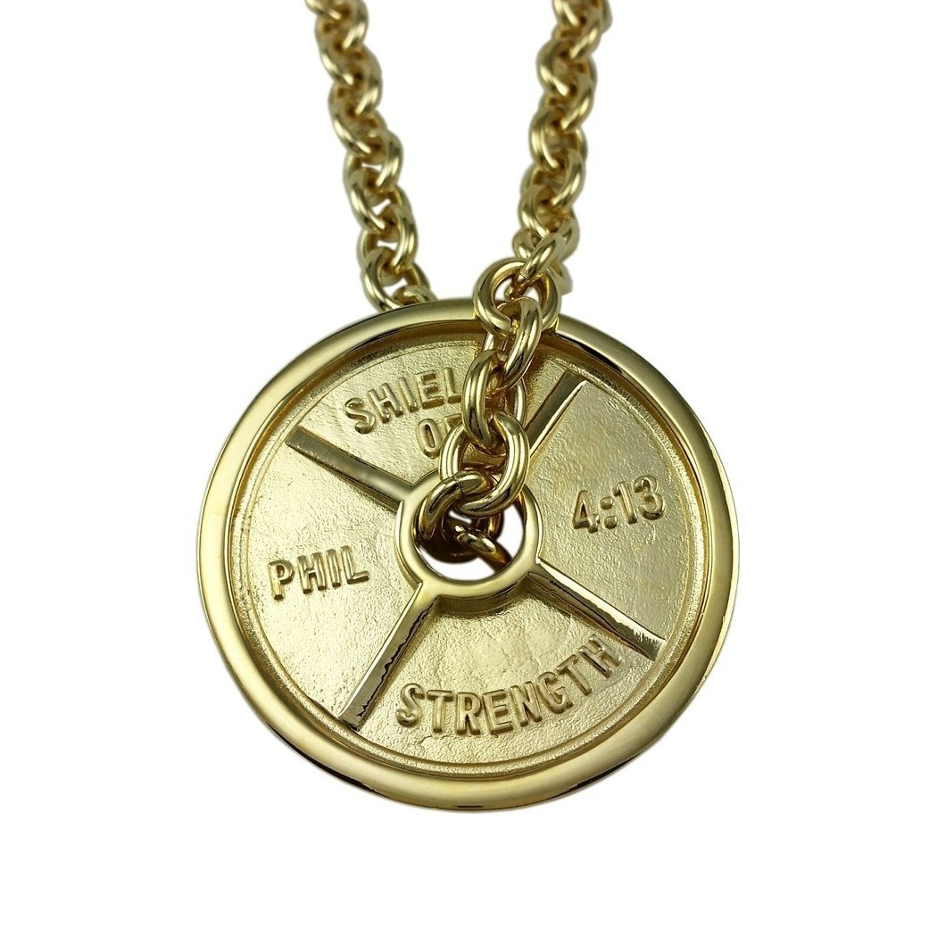 Men's Gold Plated Stainless Steel Jumbo Weight Plate Necklace with Philippians 4:13 Bible Verse - Gym Jewelry for Weightlifters, Bodybuilders & Fitness Enthusiasts