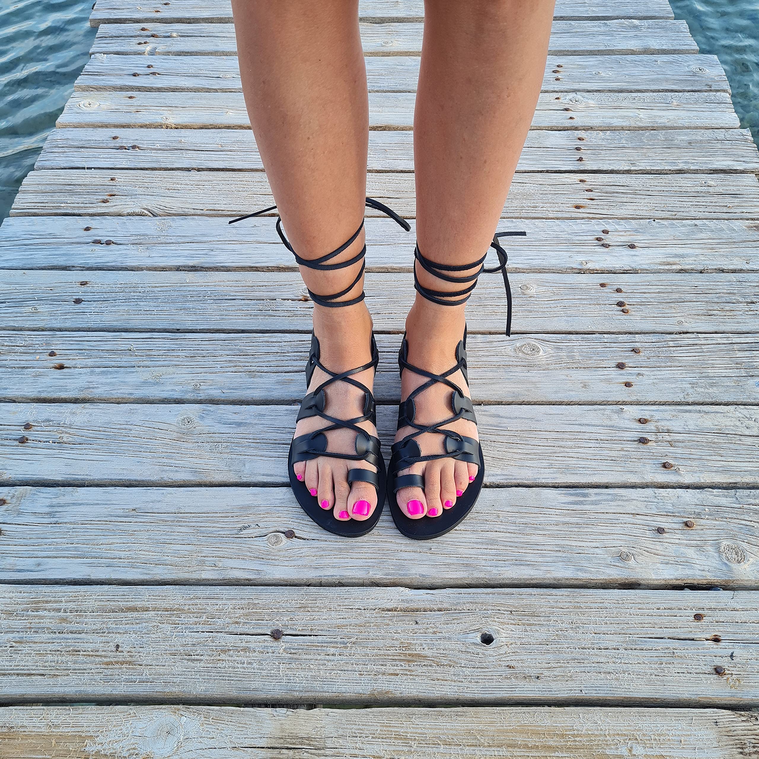 Handmade Black Leather Greek Gladiator Sandals with Lace-Up Design & Toe Ring – Perfect for Summer Fashion, Boho Outfits, and Beach Vacations