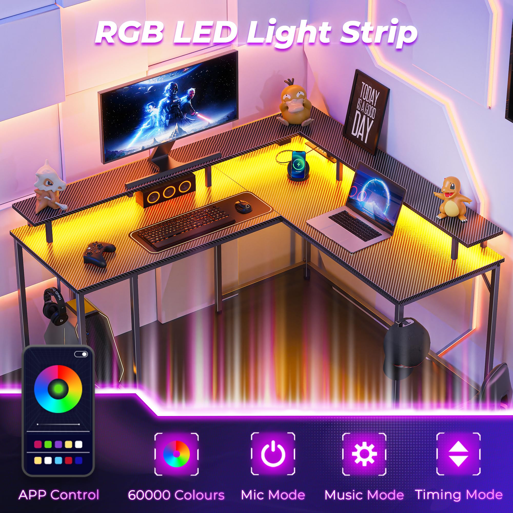 SUPERJARE L-Shaped Gaming Desk with LED Lights & Power Outlets, Ergonomic Computer Desk with Monitor Stand & Headphone Hooks, Carbon Fiber Black Home Office Corner Desk for Streaming, Gaming & Workstation Setup