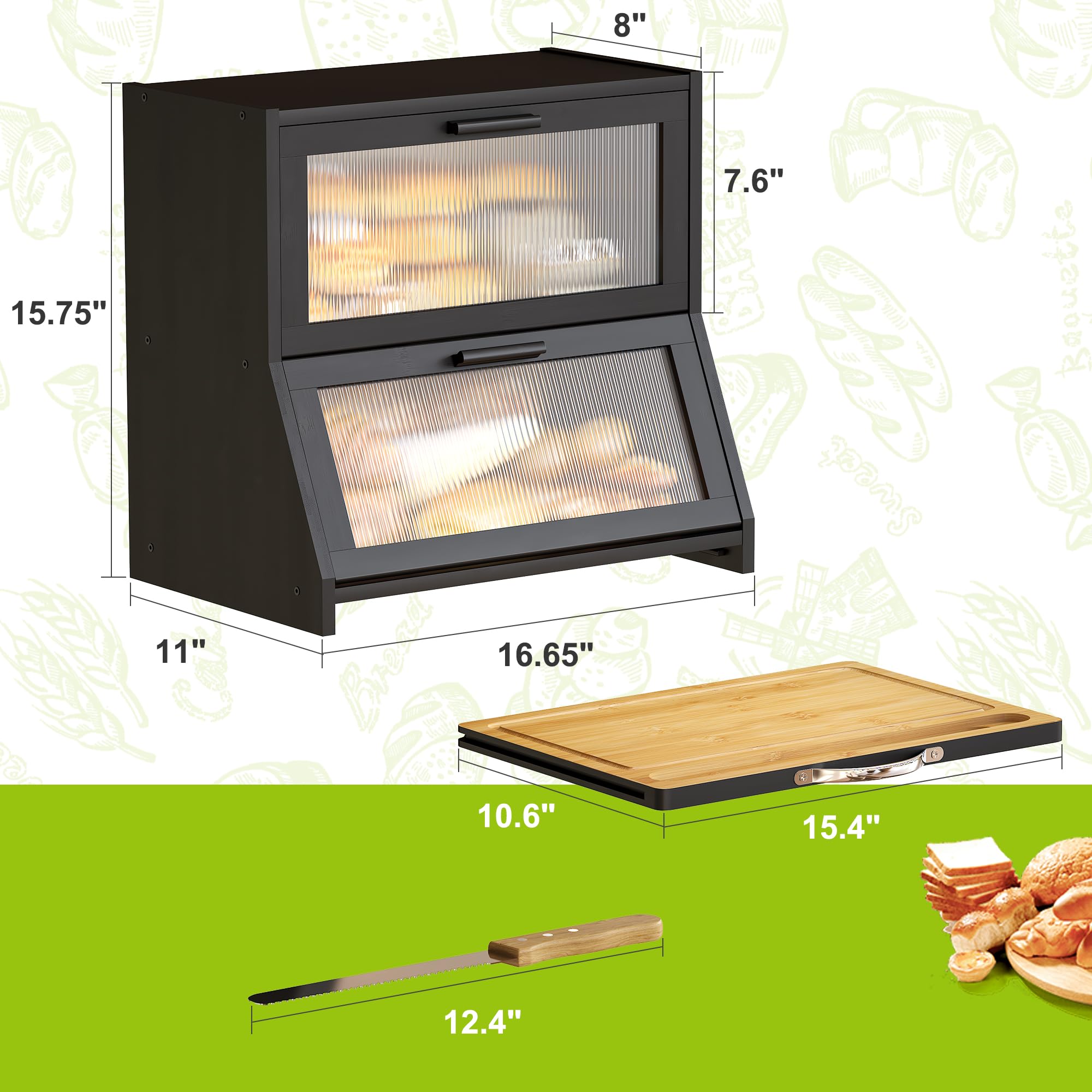 BMOSU Double-Layer Large Bamboo Bread Box with Cutting Board & Frosted Glass Window - Kitchen Countertop Storage for Bread, Pastries & Baked Goods (Black) - Perfect for Home Bakeries & Modern Kitchens