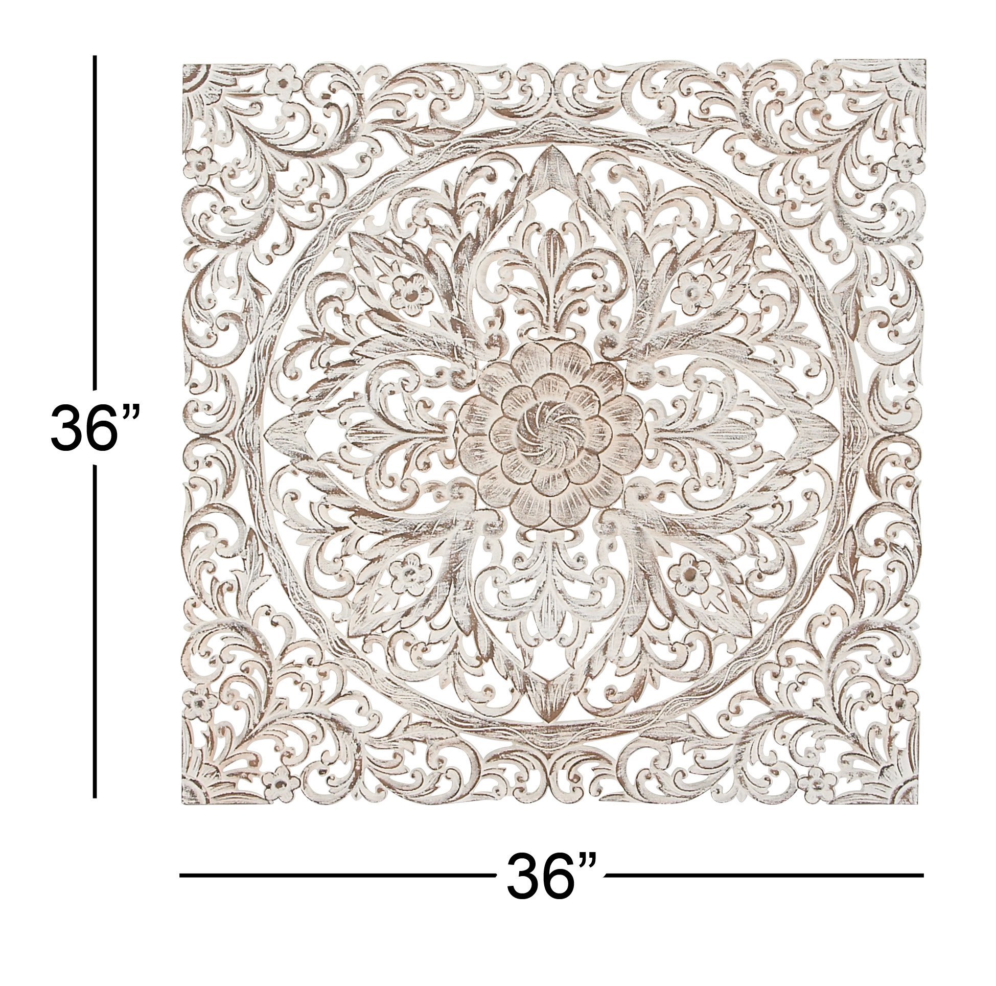 Handmade Wooden Floral Wall Art - Intricately Carved Mandala Wall Sculpture with Brown Distressing, 36