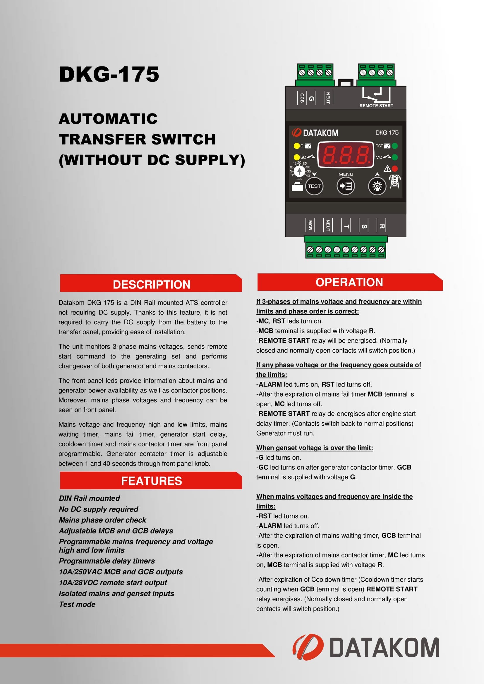 DKG-175 Automatic Transfer Switch (ATS) Controller - Seamless Generator to Mains Power Switching for Home & Business Backup Power Systems